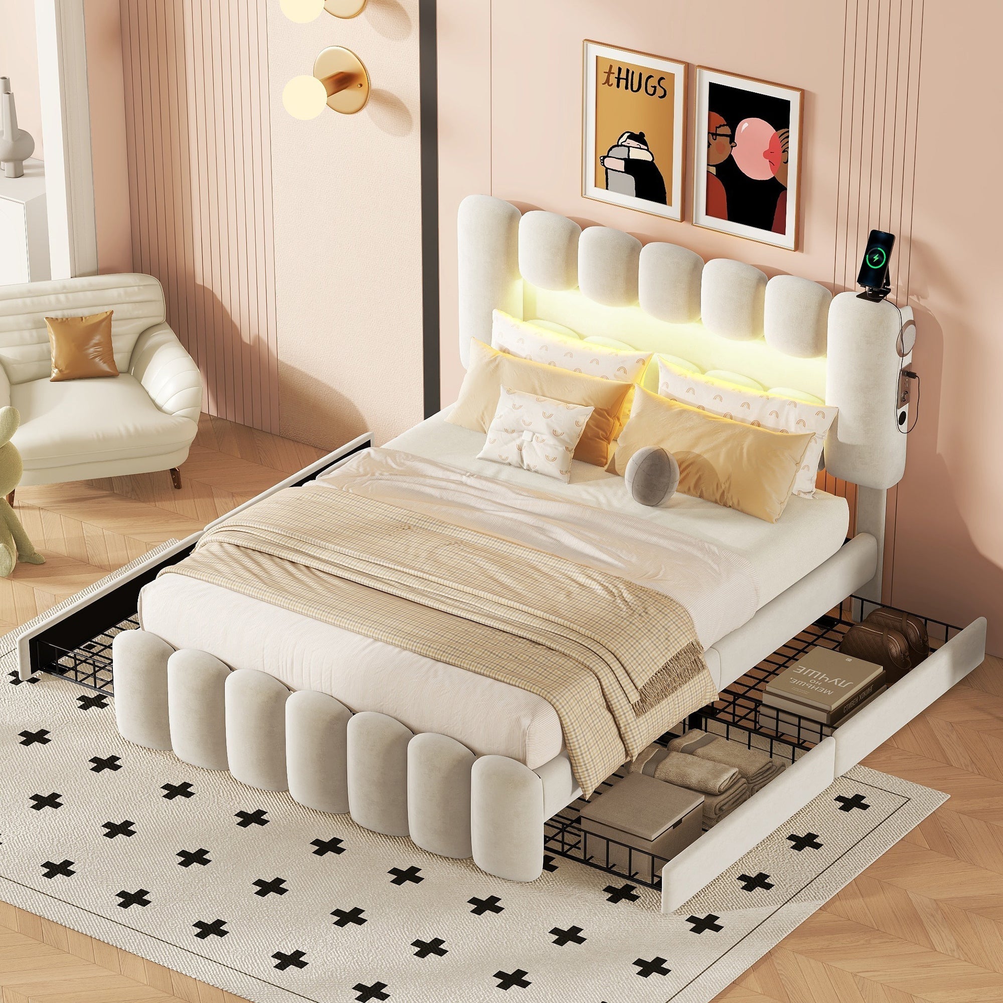 Upholstered Bed 140x200cm with 4 Drawers LED Light USB Stereo System Beige
