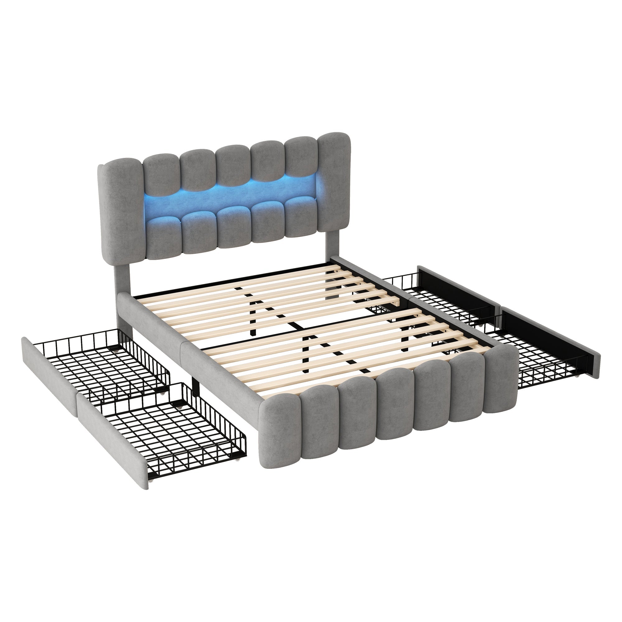 Upholstered Bed 140x200 with 4 Drawers, LED Light Strip, USB, Stereo System, Grey