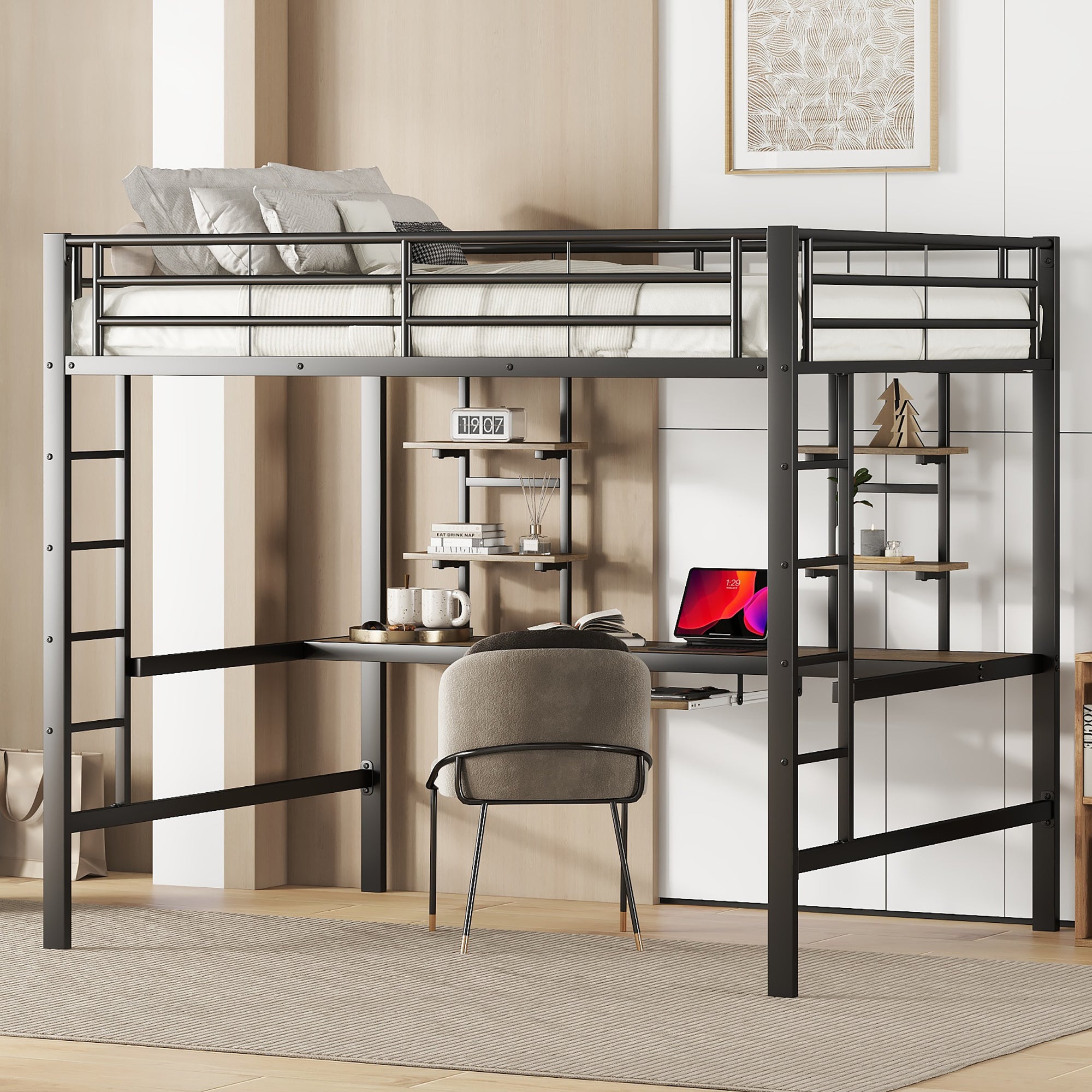 Loft Bed, Desk & 2 Bookshelves, 140x200cm, Black Metal Frame