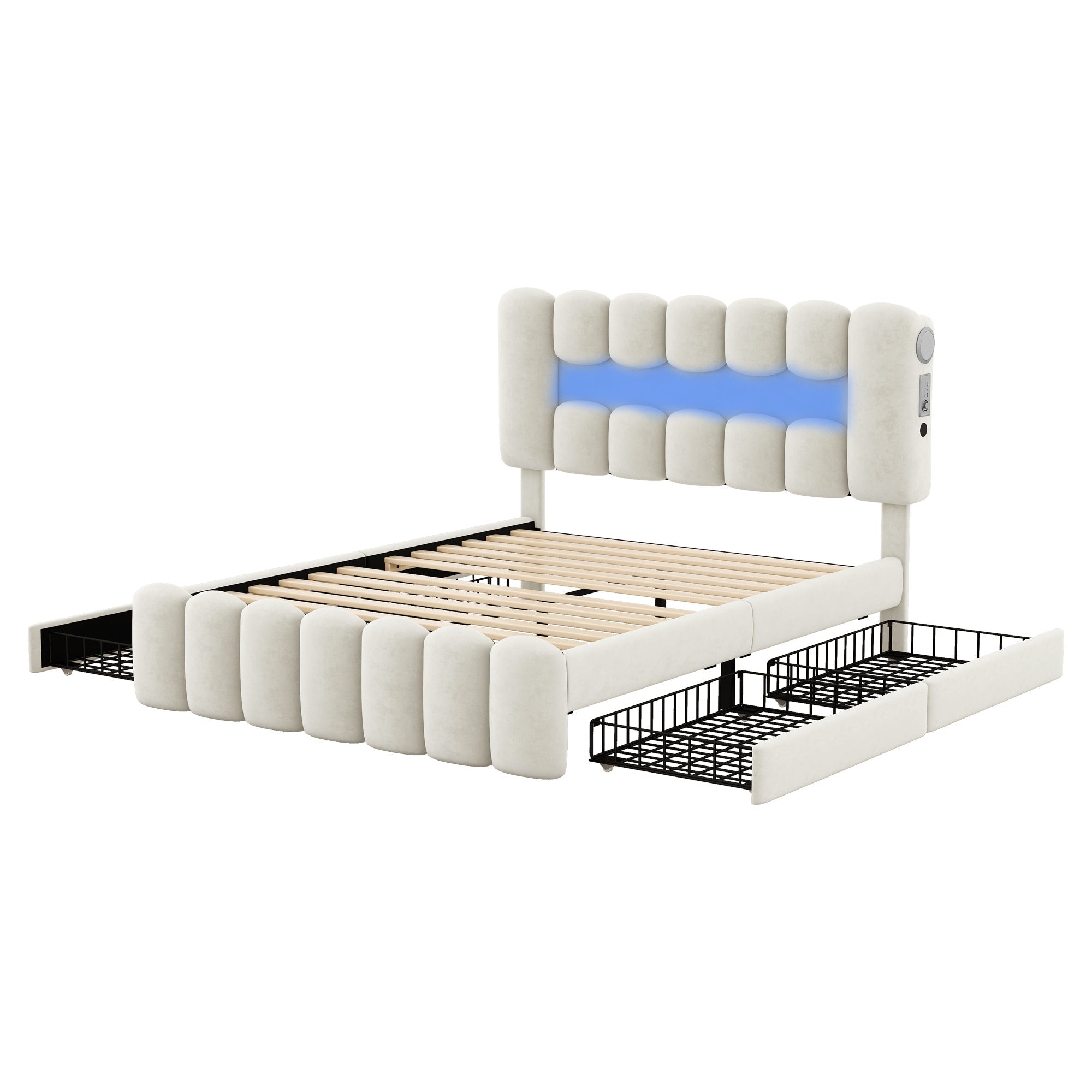 Upholstered Bed 140x200cm with 4 Drawers LED Light USB Stereo System Beige