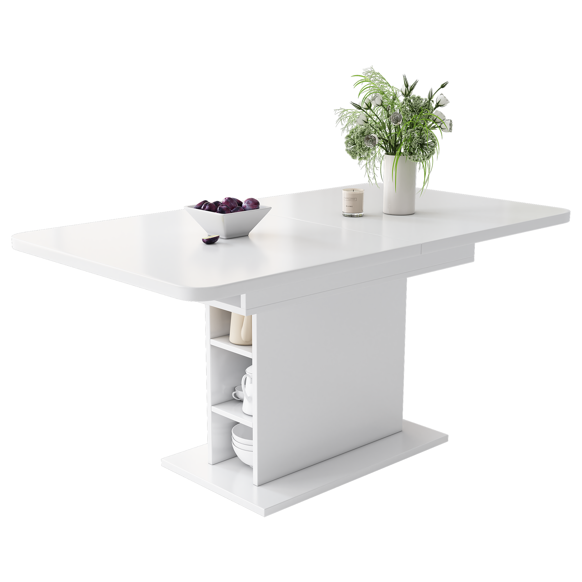 Extendable Dining Table with Storage and Iron Frame, Space-Saving Rectangular Design, White