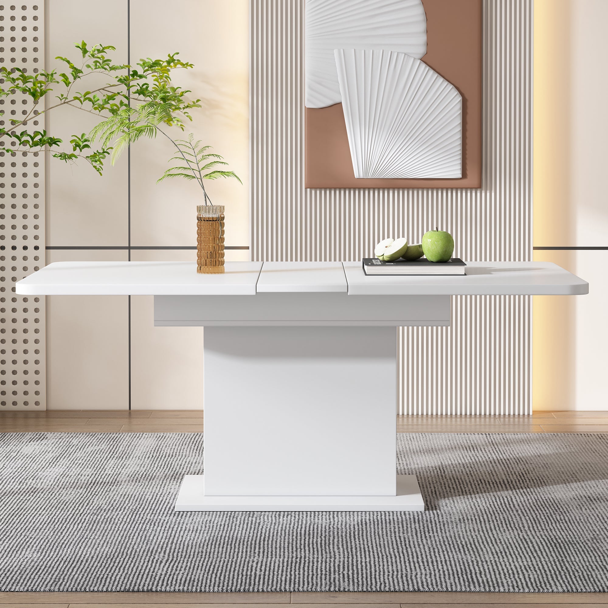 Extendable Dining Table with Storage and Iron Frame, Space-Saving Rectangular Design, White