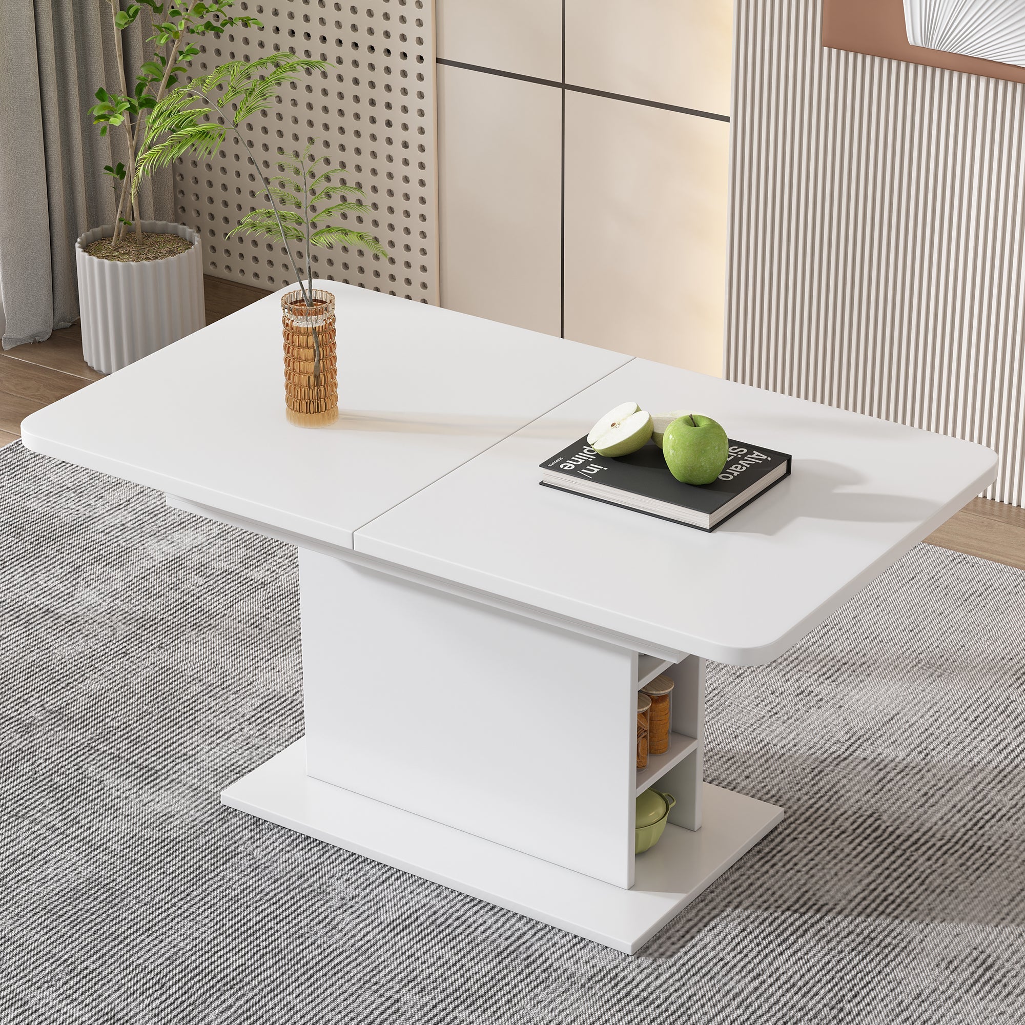 Extendable Dining Table with Storage and Iron Frame, Space-Saving Rectangular Design, White
