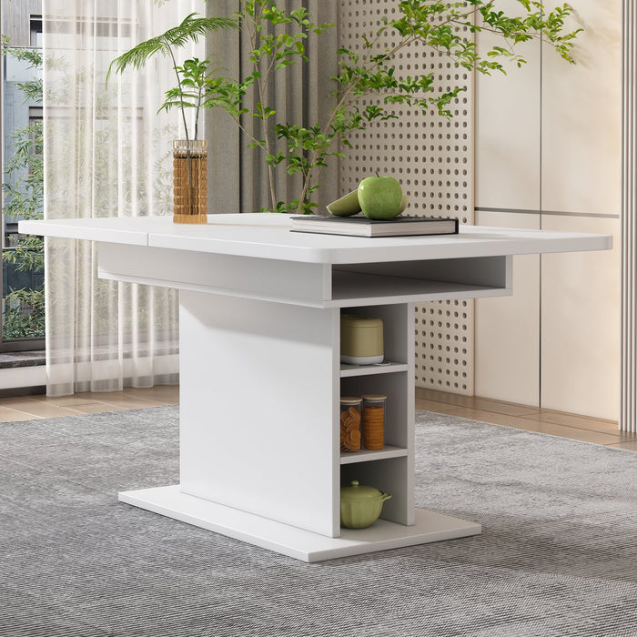 Extendable Dining Table with Storage and Iron Frame, Space-Saving Rectangular Design, White