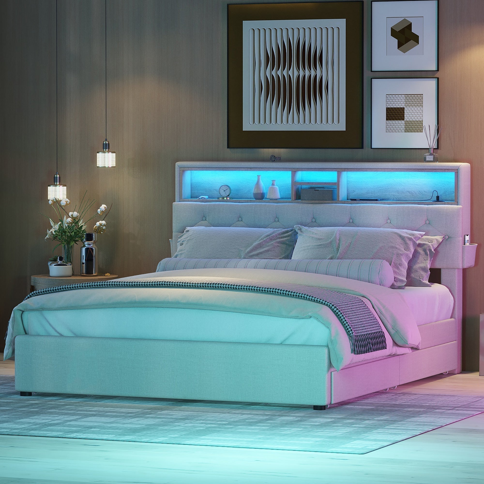 Upholstered Double Bed with USB Charging, LED Lighting and 4 Drawers, Beige