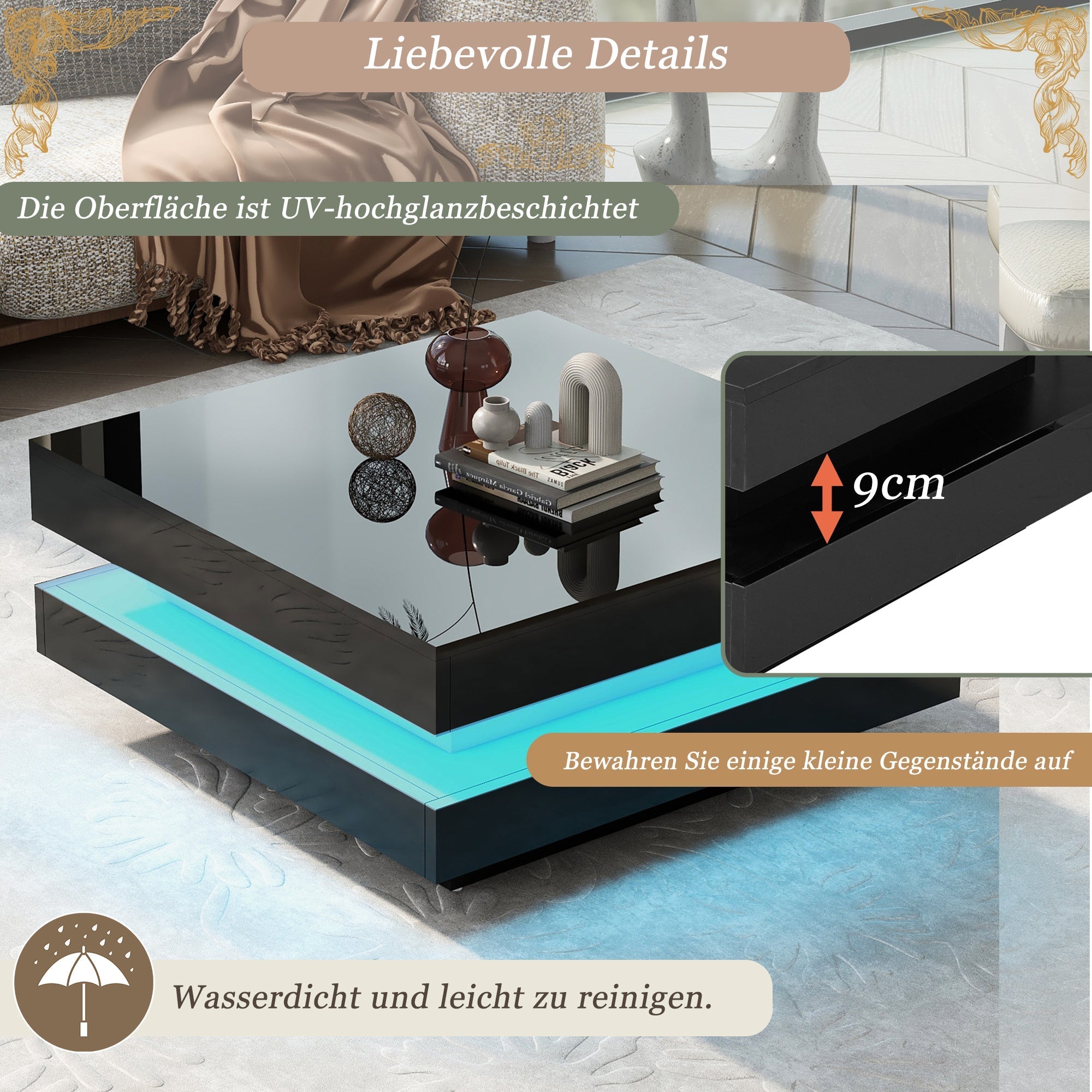 Square Coffee Table - Modern Tech, 16-Color LED Lighting, 70x70x36 cm, Black