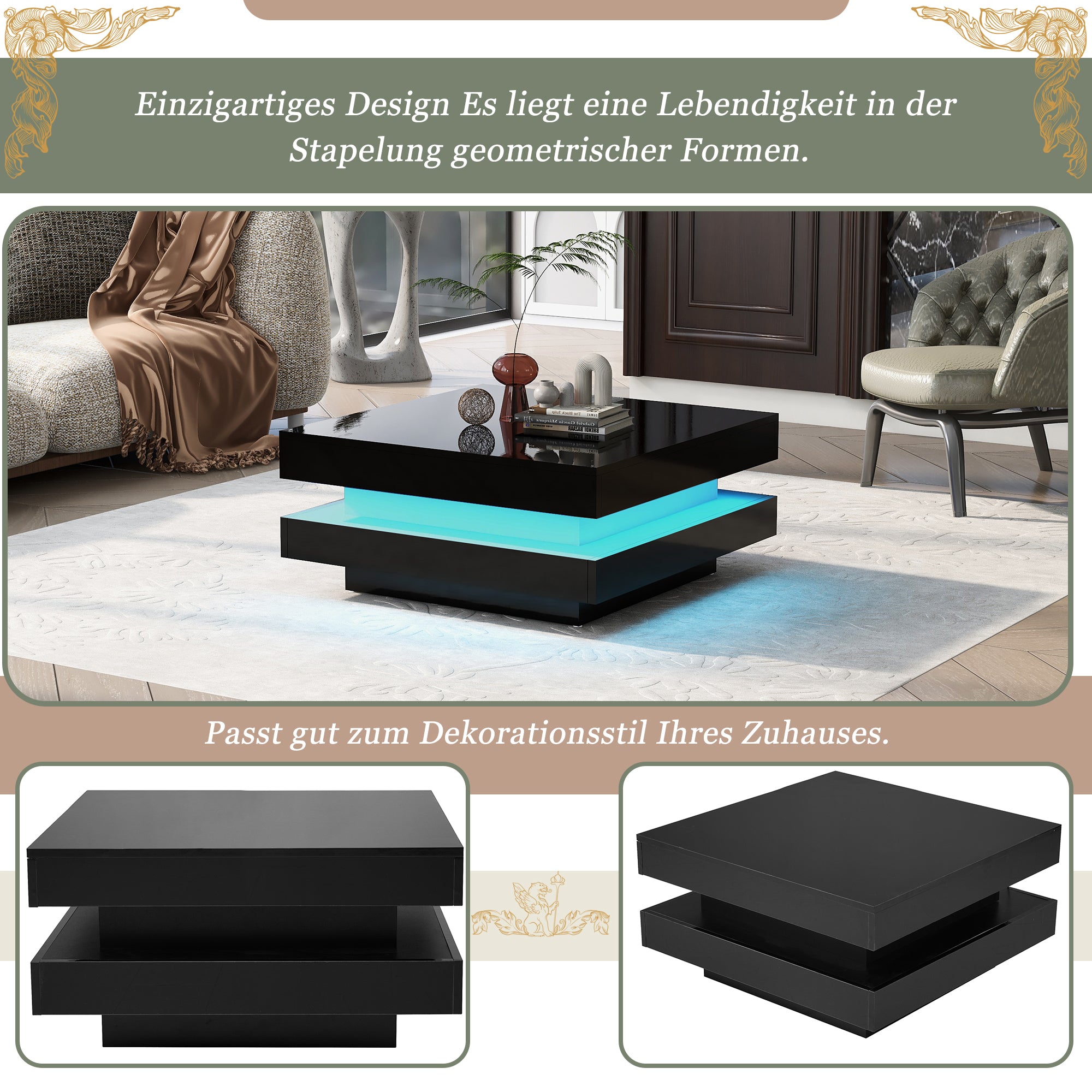 Square Coffee Table - Modern Tech, 16-Color LED Lighting, 70x70x36 cm, Black