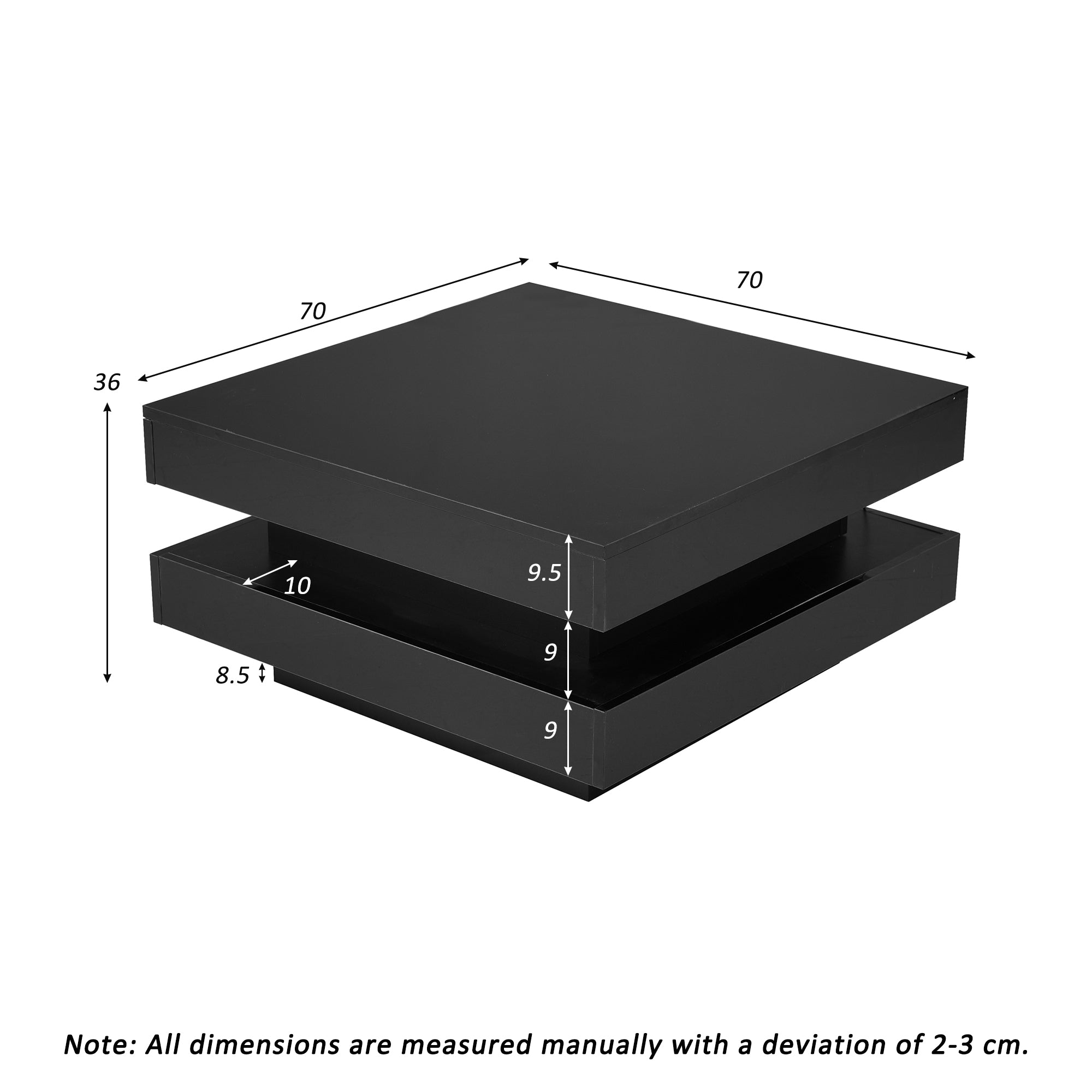 Square Coffee Table - Modern Tech, 16-Color LED Lighting, 70x70x36 cm, Black