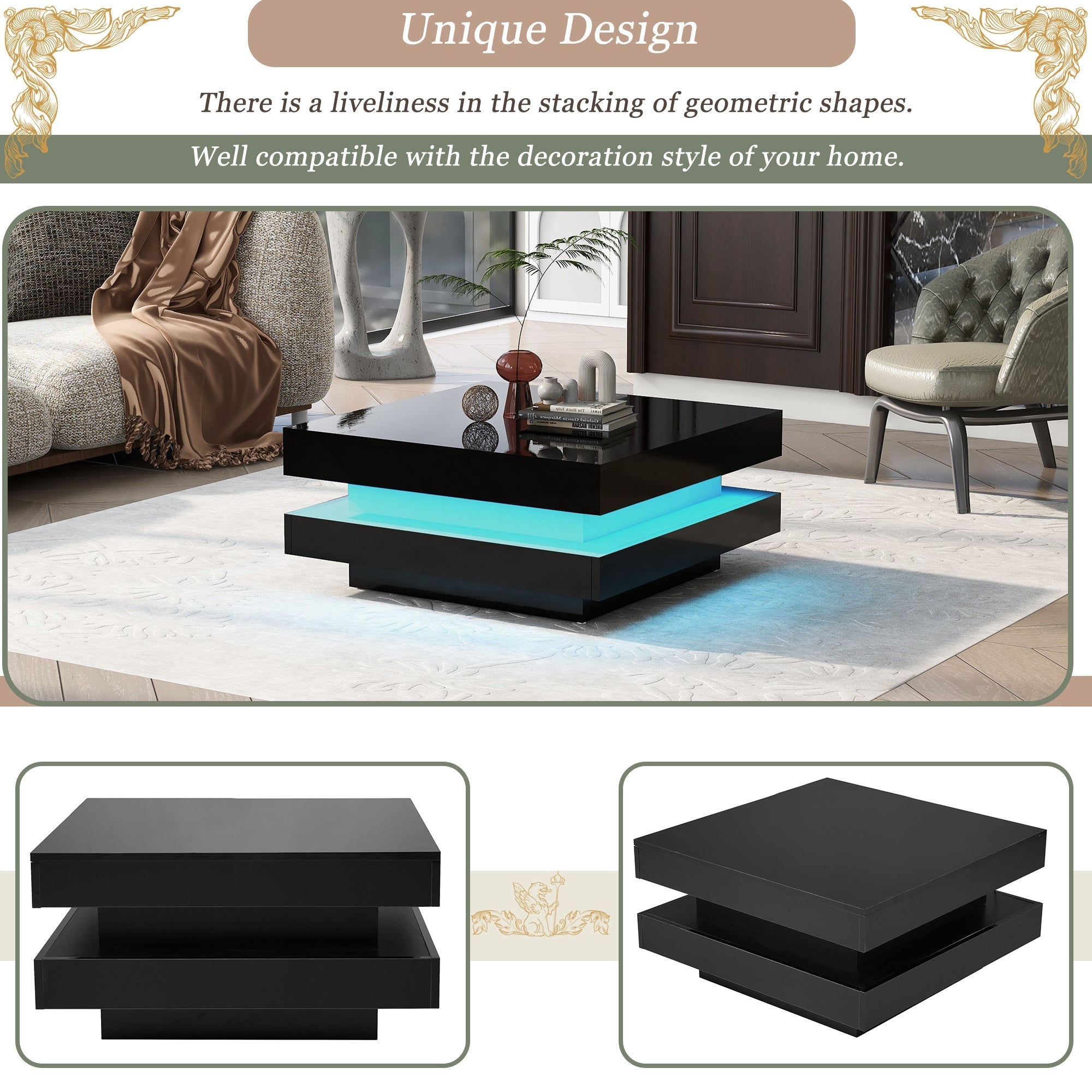Square Coffee Table - Modern Tech, 16-Color LED Lighting, 70x70x36 cm, Black
