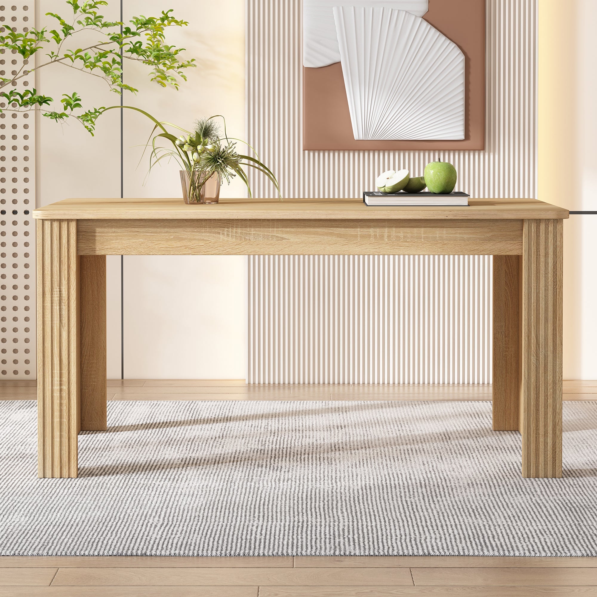 Contemporary Dining Table, Rectangular 4-Leg Sturdy Coffee and Leisure Table, Oak Wood