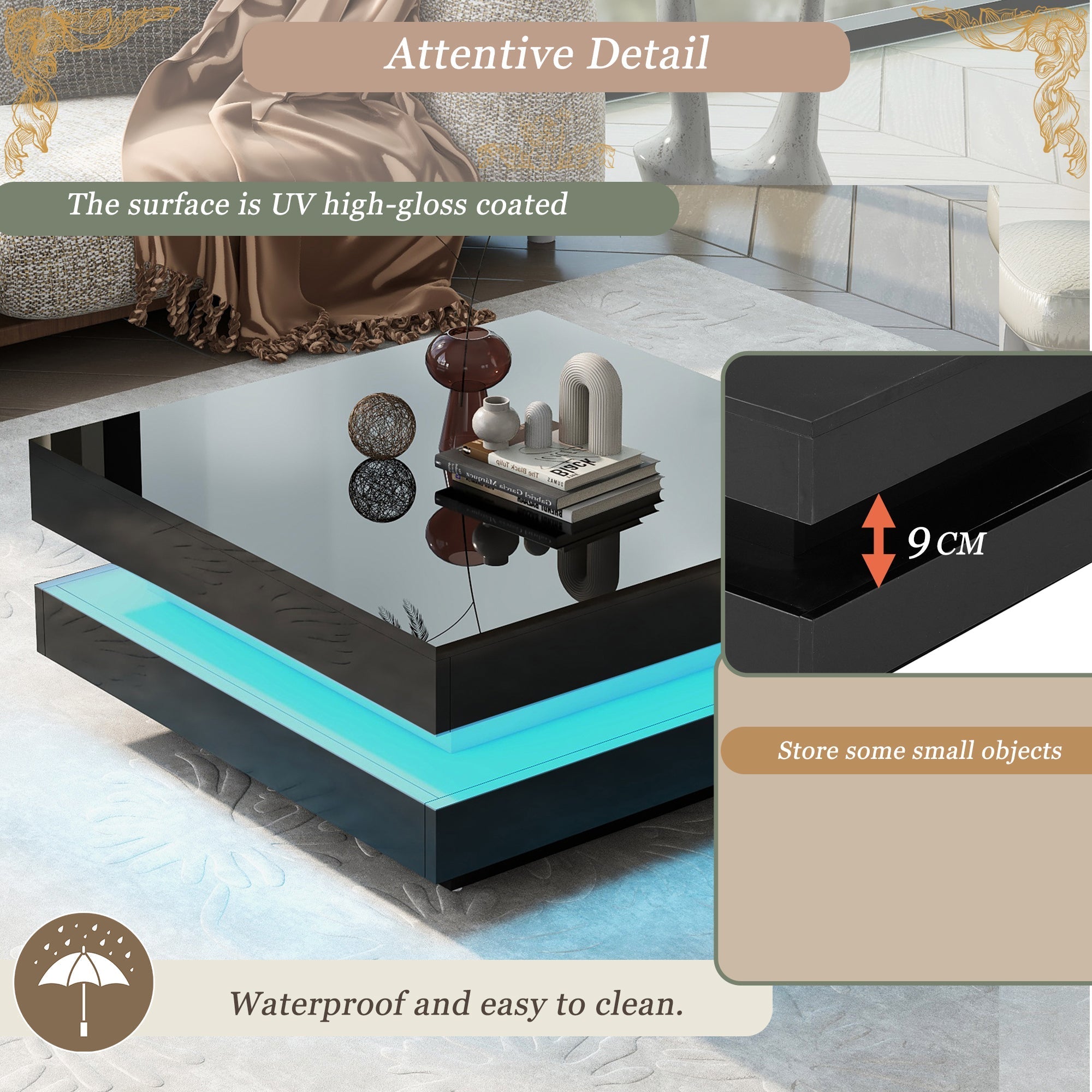 Square Coffee Table - Modern Tech, 16-Color LED Lighting, 70x70x36 cm, Black