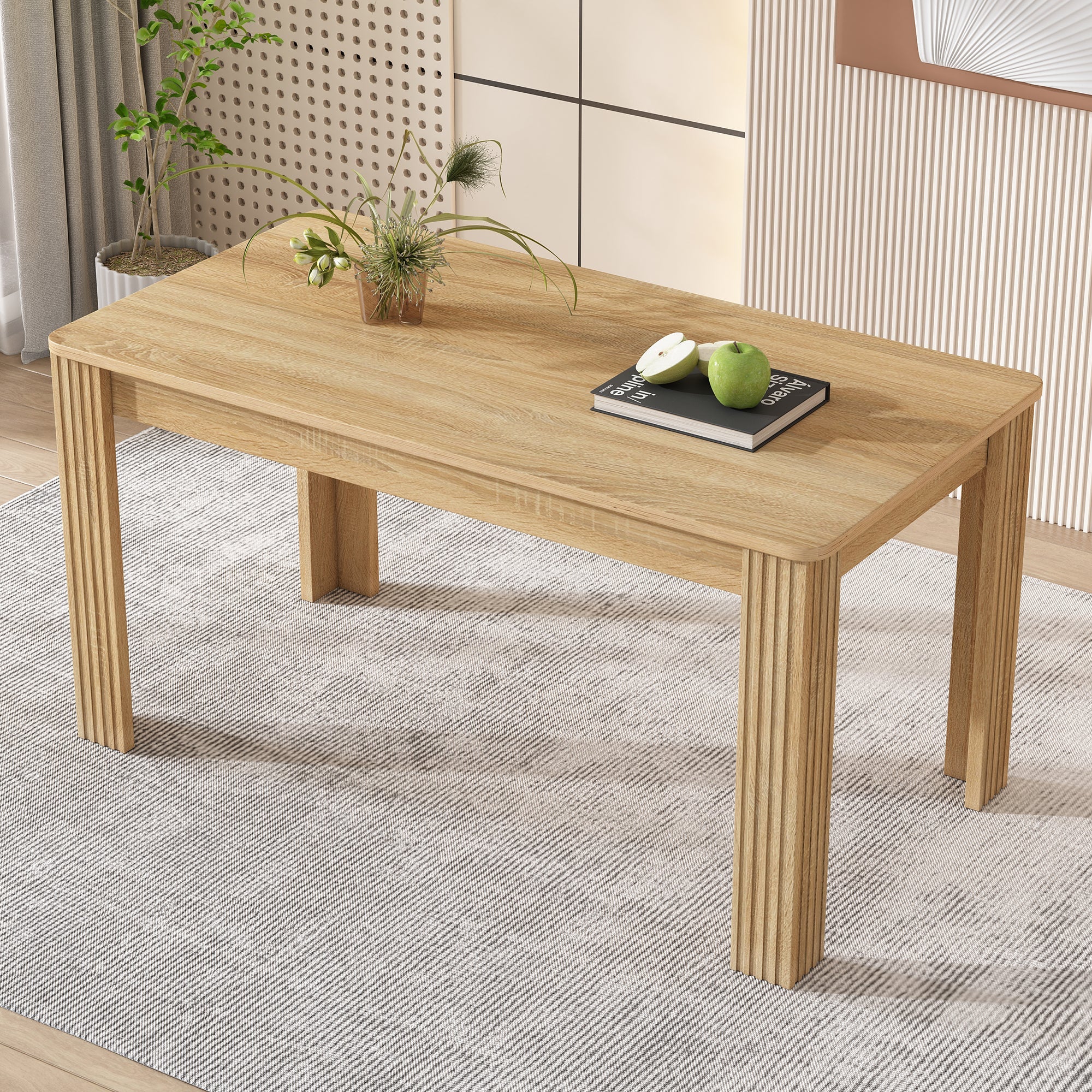 Contemporary Dining Table, Rectangular 4-Leg Sturdy Coffee and Leisure Table, Oak Wood