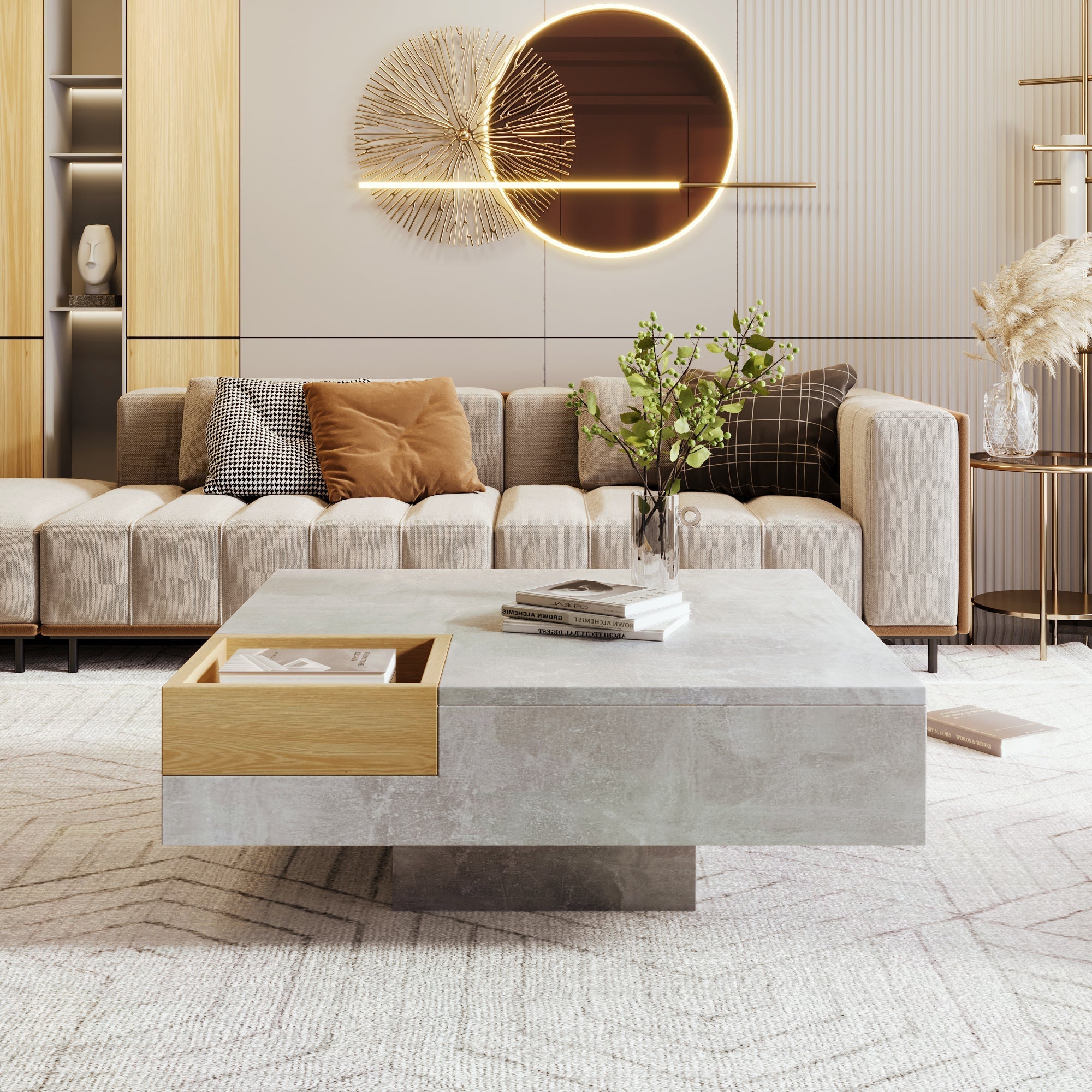Coffee Table with Removable Storage Box, Concrete Gray and Wood