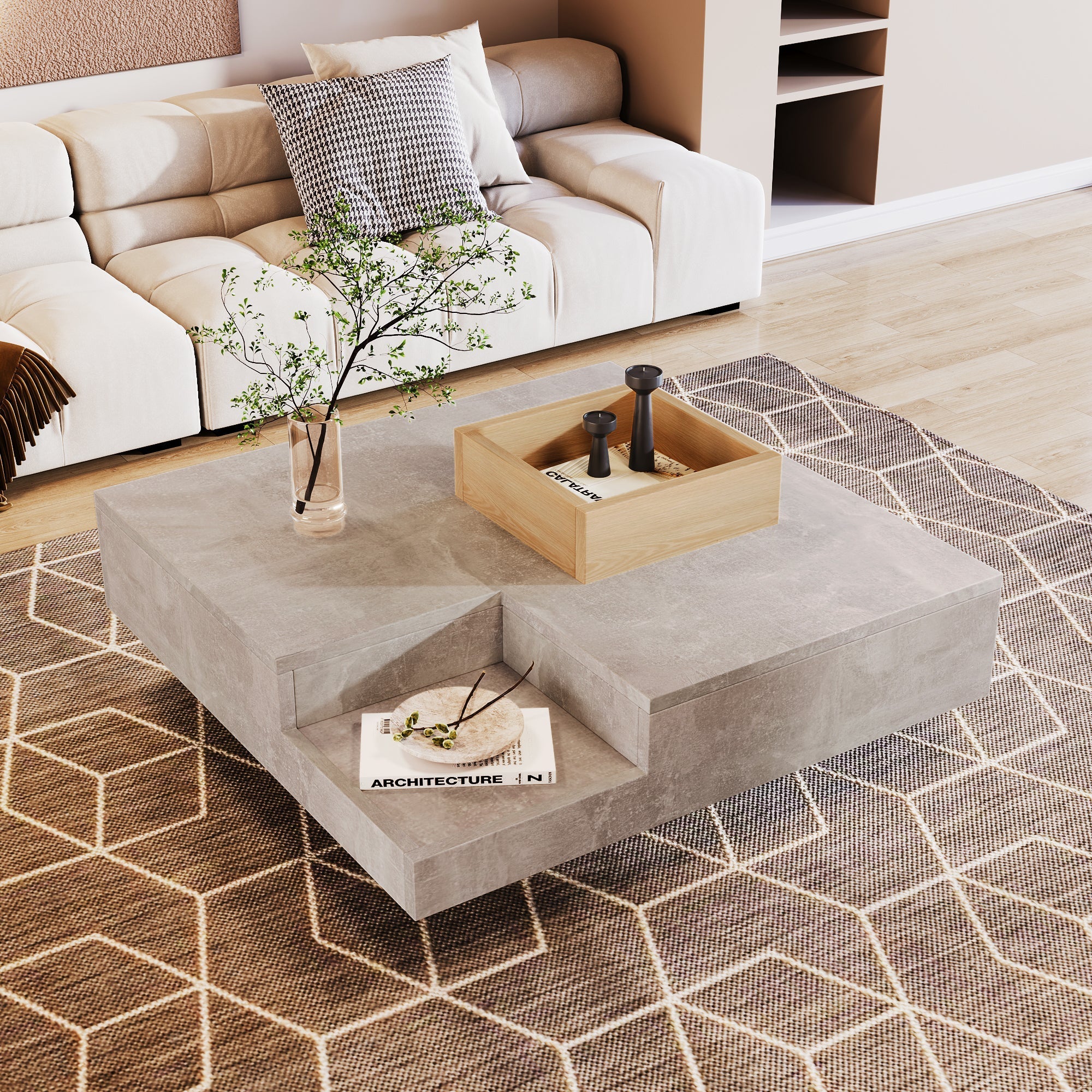 Coffee Table with Removable Storage Box, Concrete Gray and Wood