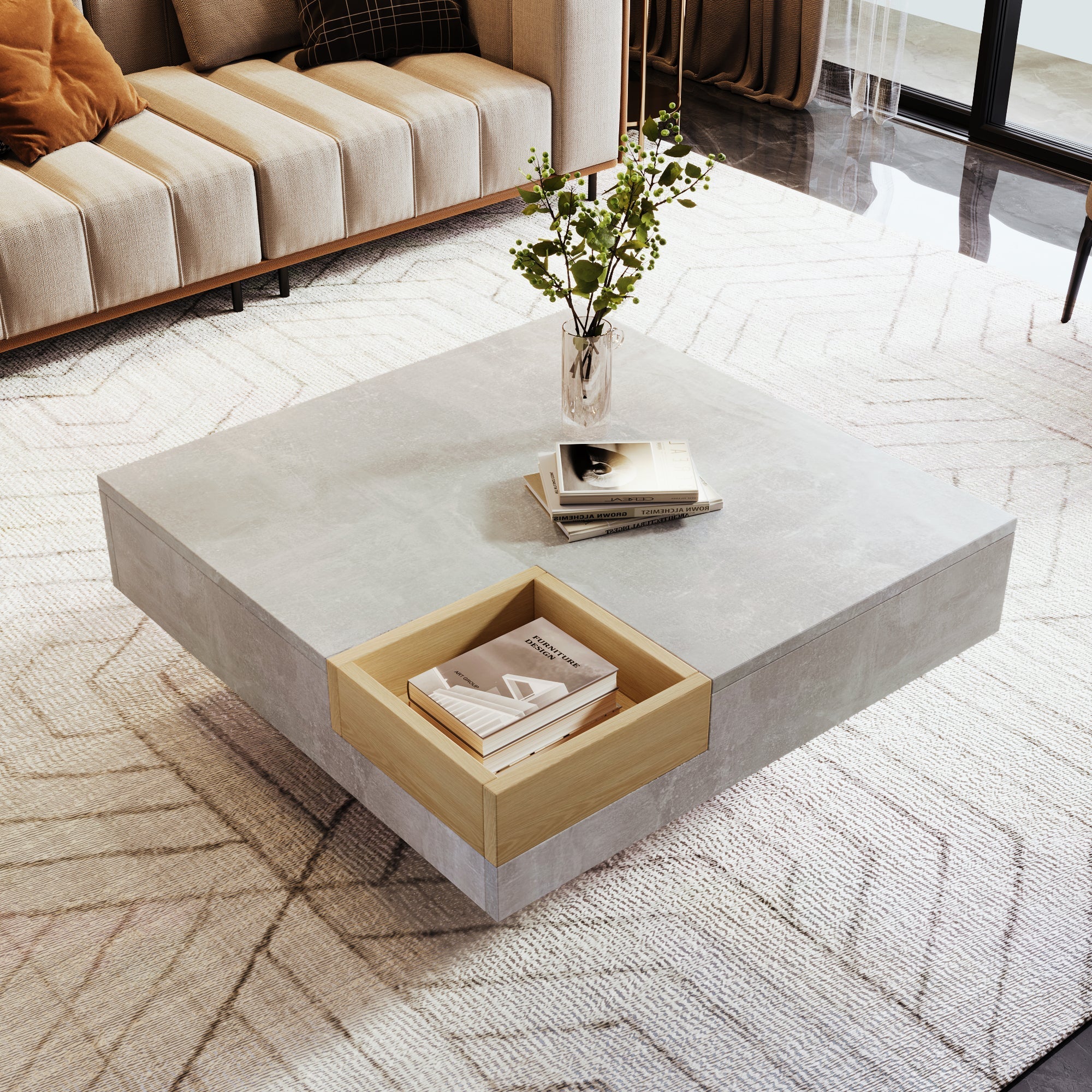 Coffee Table with Removable Storage Box, Concrete Gray and Wood