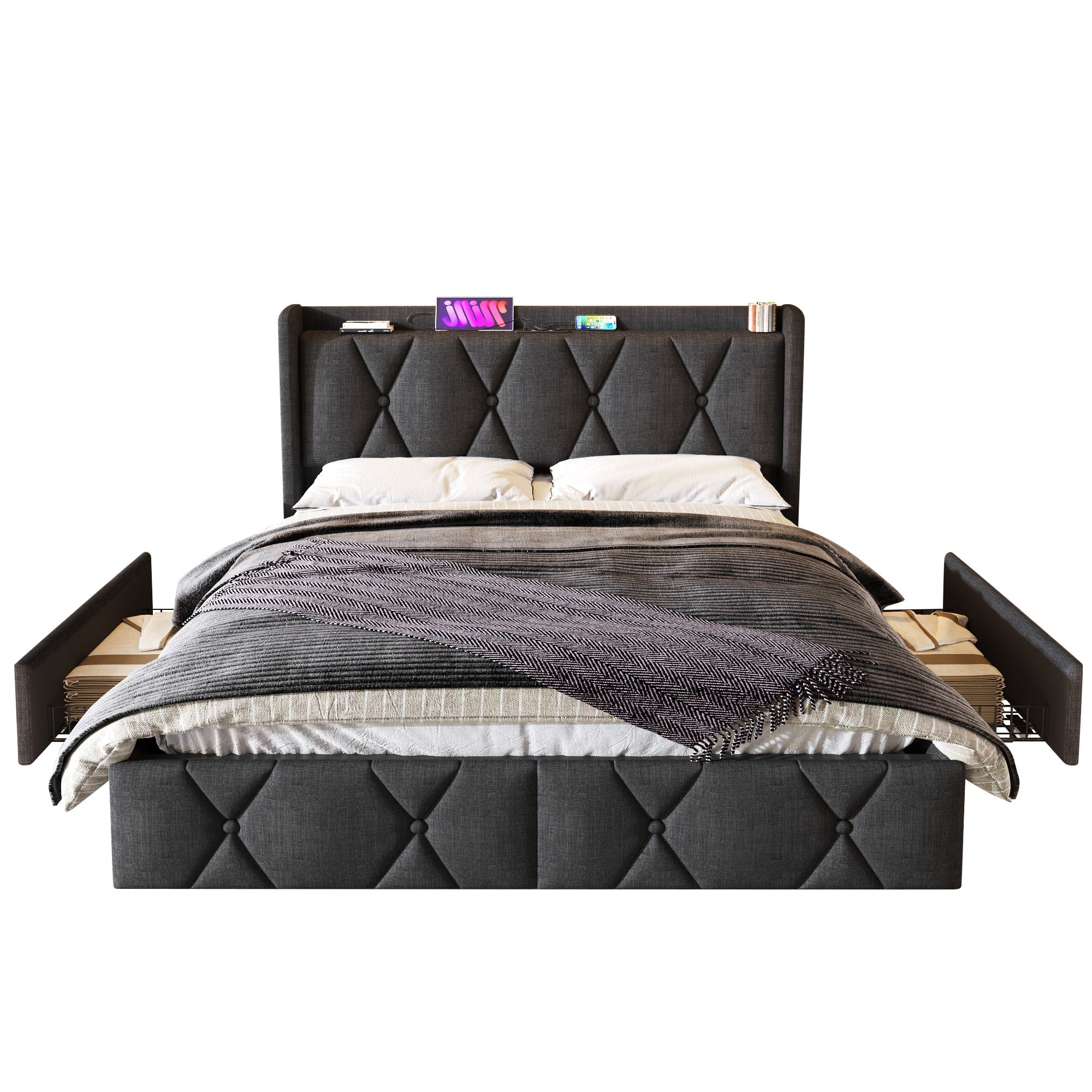Upholstered Bed with USB Charging Headboard, 4 Drawers, 140x200cm, Gray