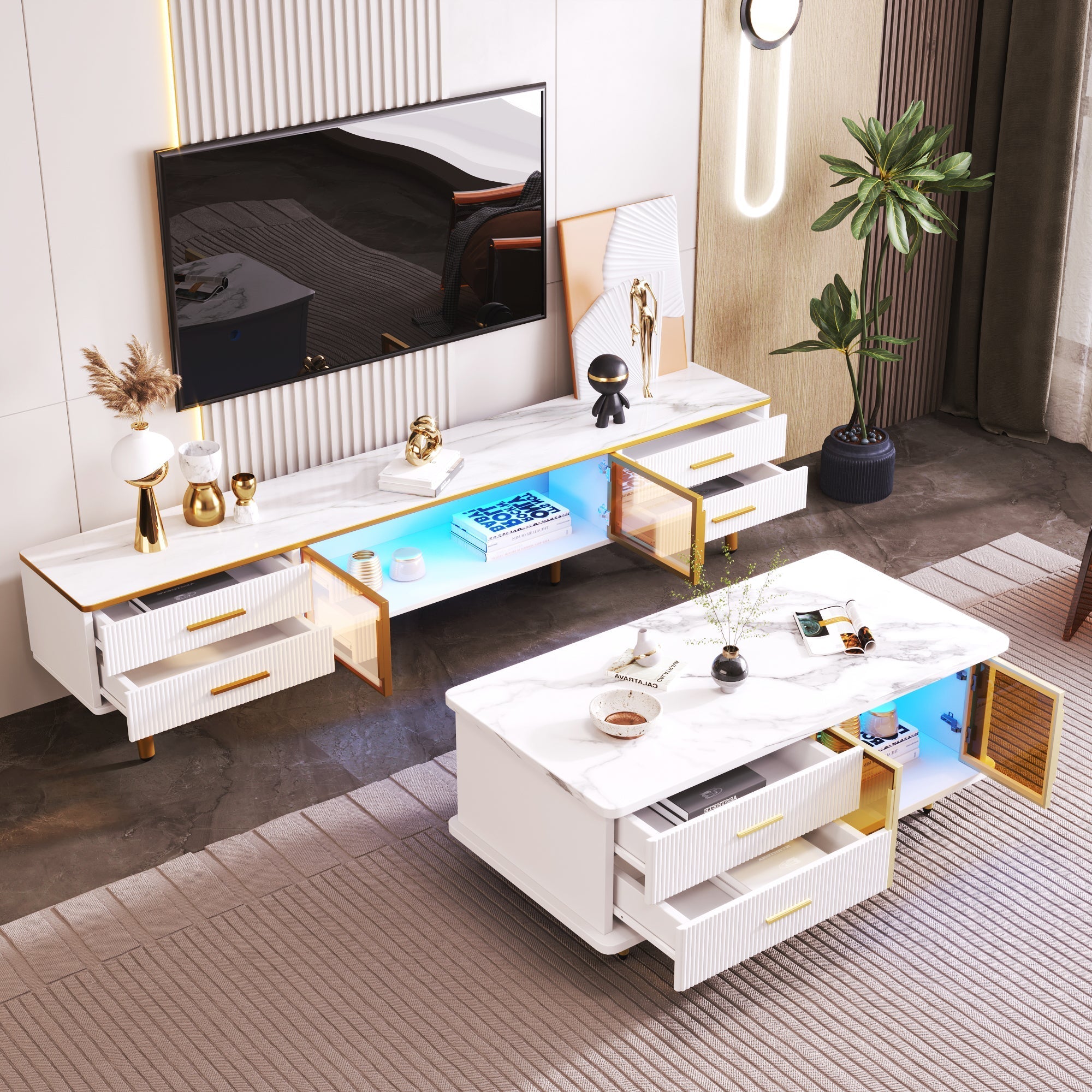 Coffee Table, TV Cabinet, Modular Living Room Furniture with Tempered Glass Door, Aluminum Alloy Frame, Wave Texture Drawers, Gold Handles and Legs, Marble Texture Tabletop