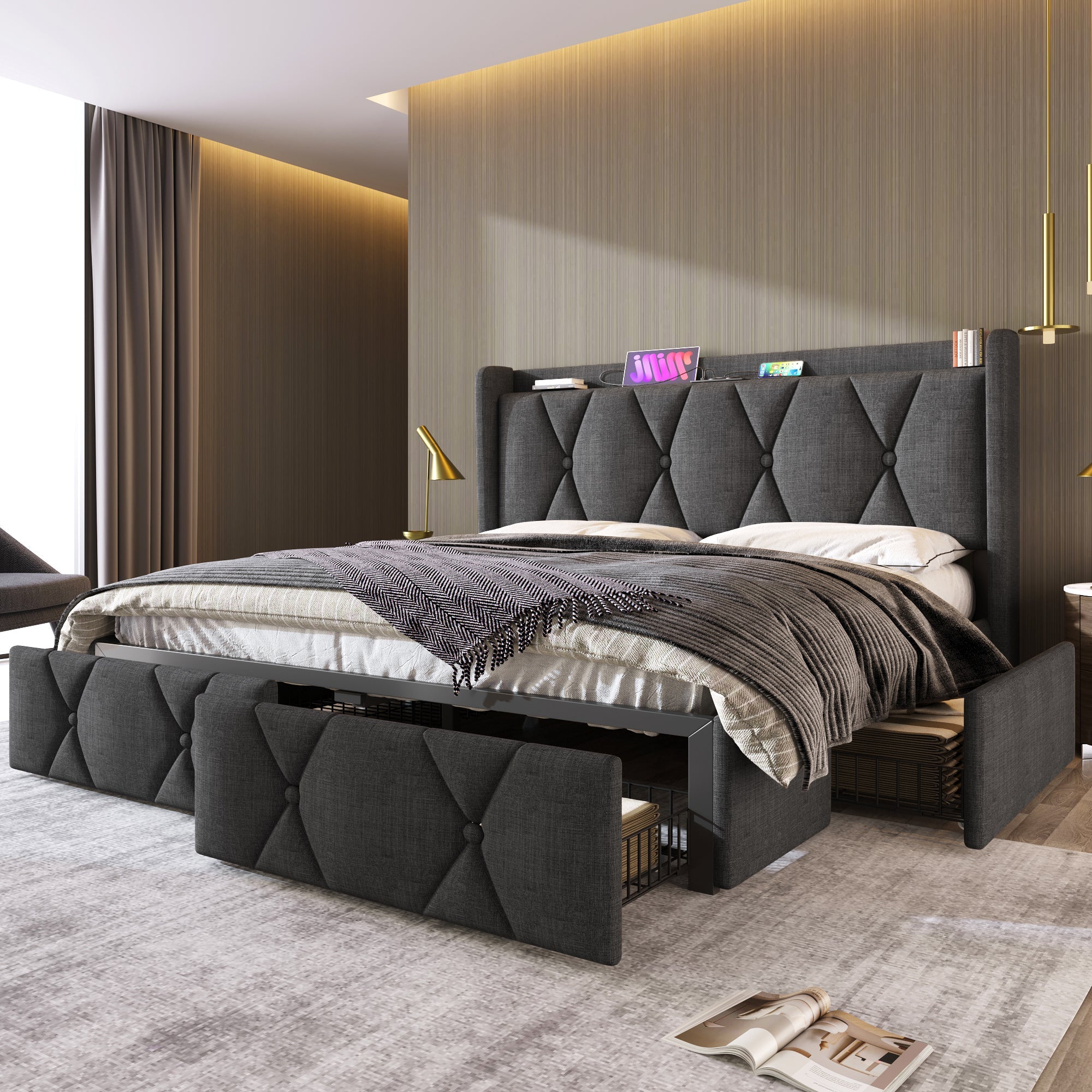 AB20485152G Upholstered Bed with USB Charging, 4 Drawers and Slatted Base, 160x200cm, Grey Linen