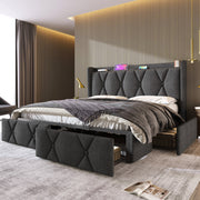 Upholstered Bed with USB Charging Headboard, 4 Drawers, 140x200cm, Gray