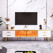 TV Cabinet, 4-Drawer, 2-Door Lowboard, Marble Look with Brown Tempered Glass