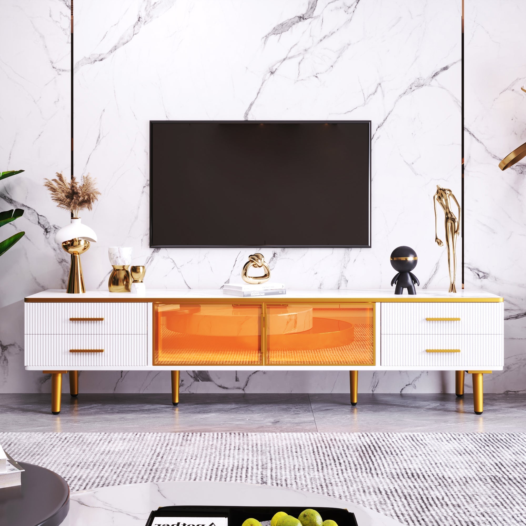 TV Cabinet, 4-Drawer, 2-Door Lowboard, Marble Look with Brown Tempered Glass