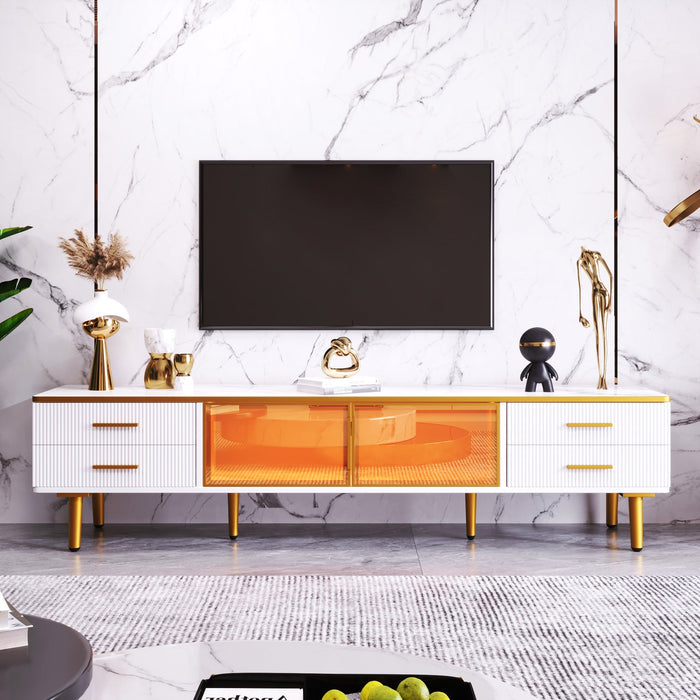 TV Cabinet, 4-Drawer, 2-Door Lowboard, Marble Look with Brown Tempered Glass