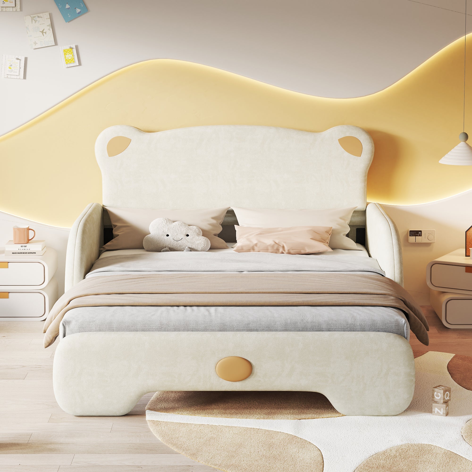 Bear-shaped Double Bed, Upholstered Children's Day Pull-out, Velvet Beige with White Sponge Mattress