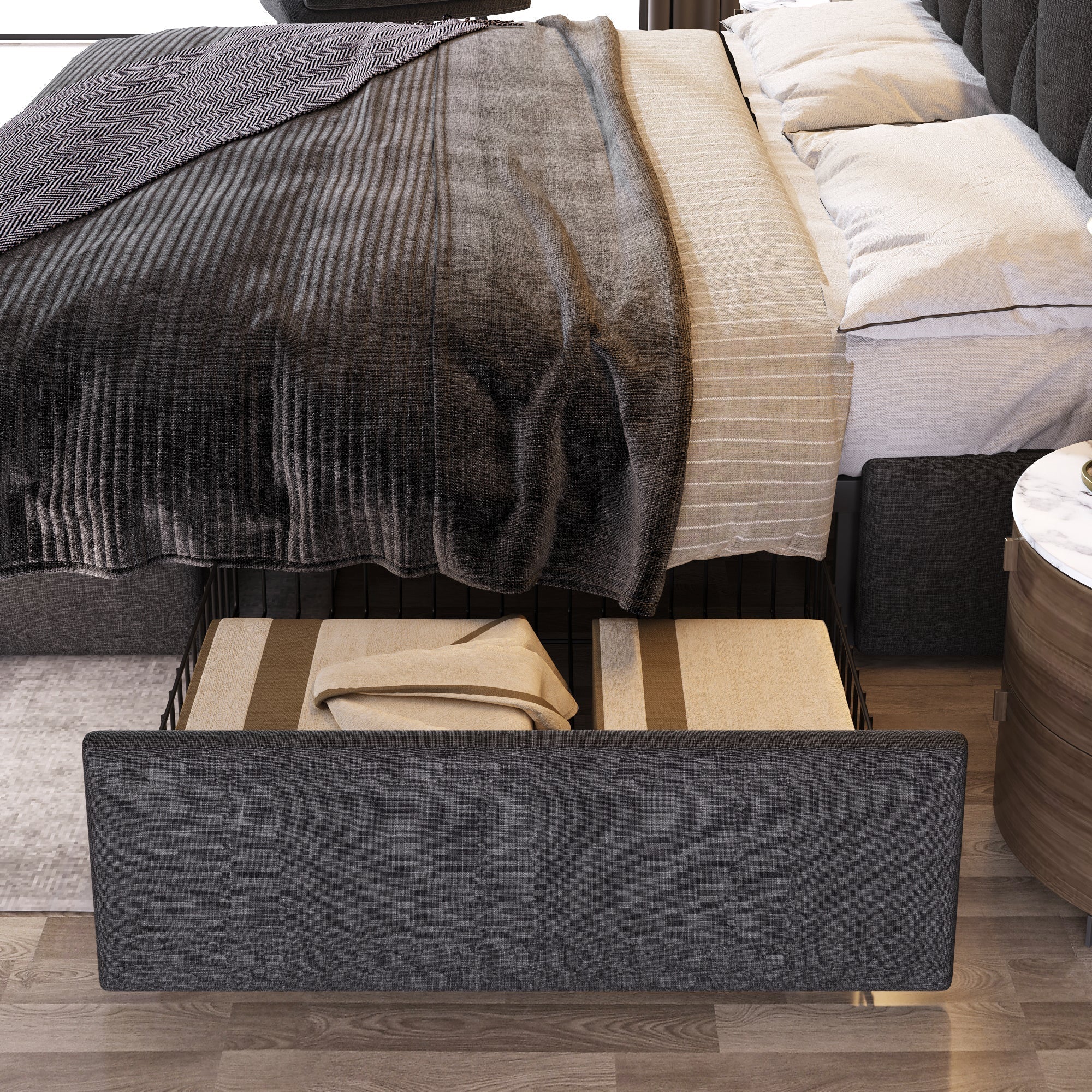 Upholstered Bed with USB Charging Headboard, 4 Drawers, 140x200cm, Gray