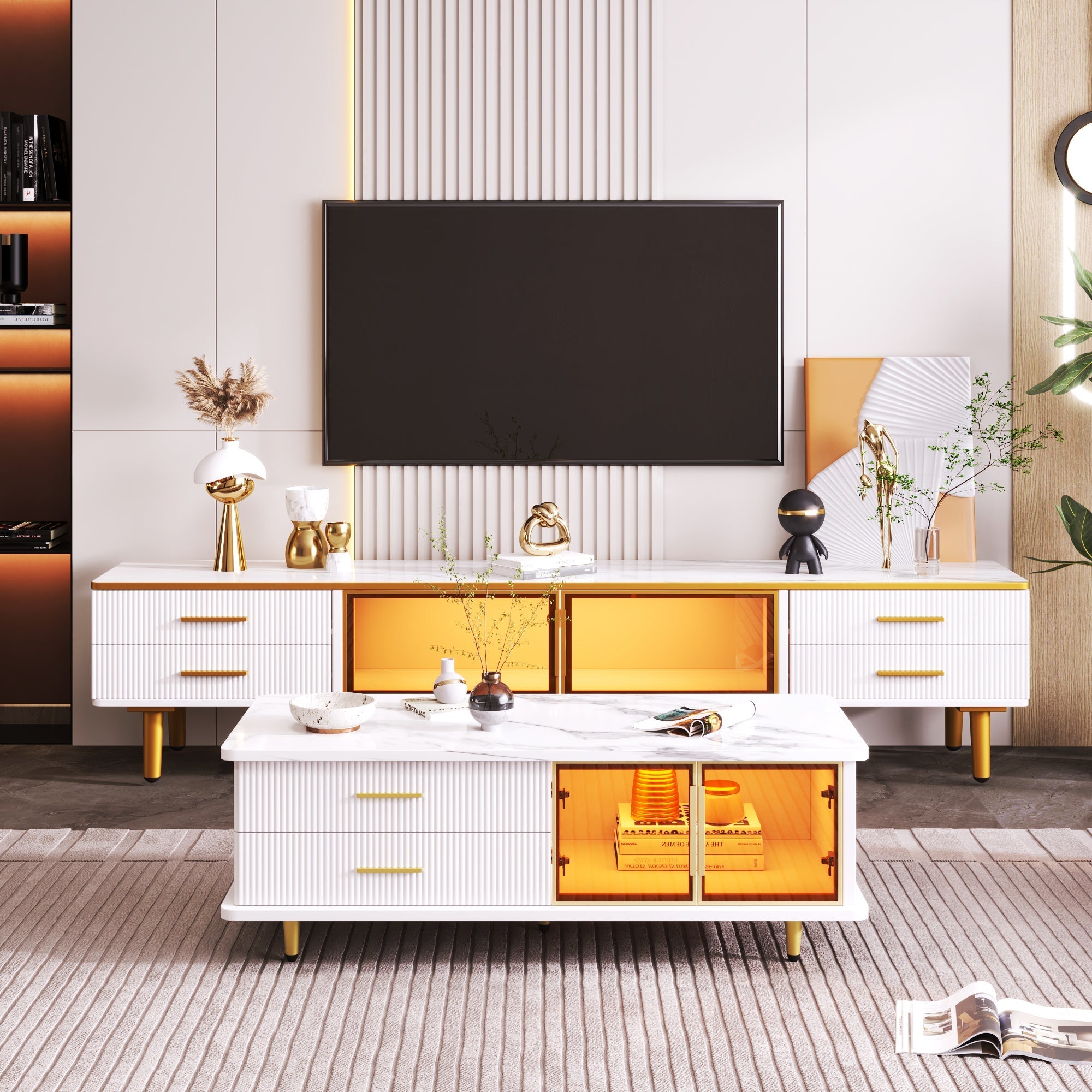 Coffee Table with Tempered Glass Door, Wave-Textured Drawers, Gold Handles, Marble Top