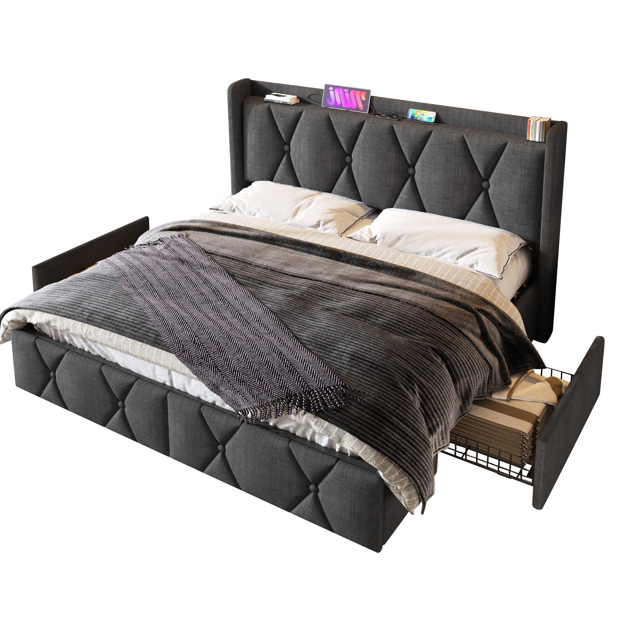 Upholstered Bed with USB Headboard & 4 Drawers, 140x200cm Storage, Wood Slatted Frame, Gray