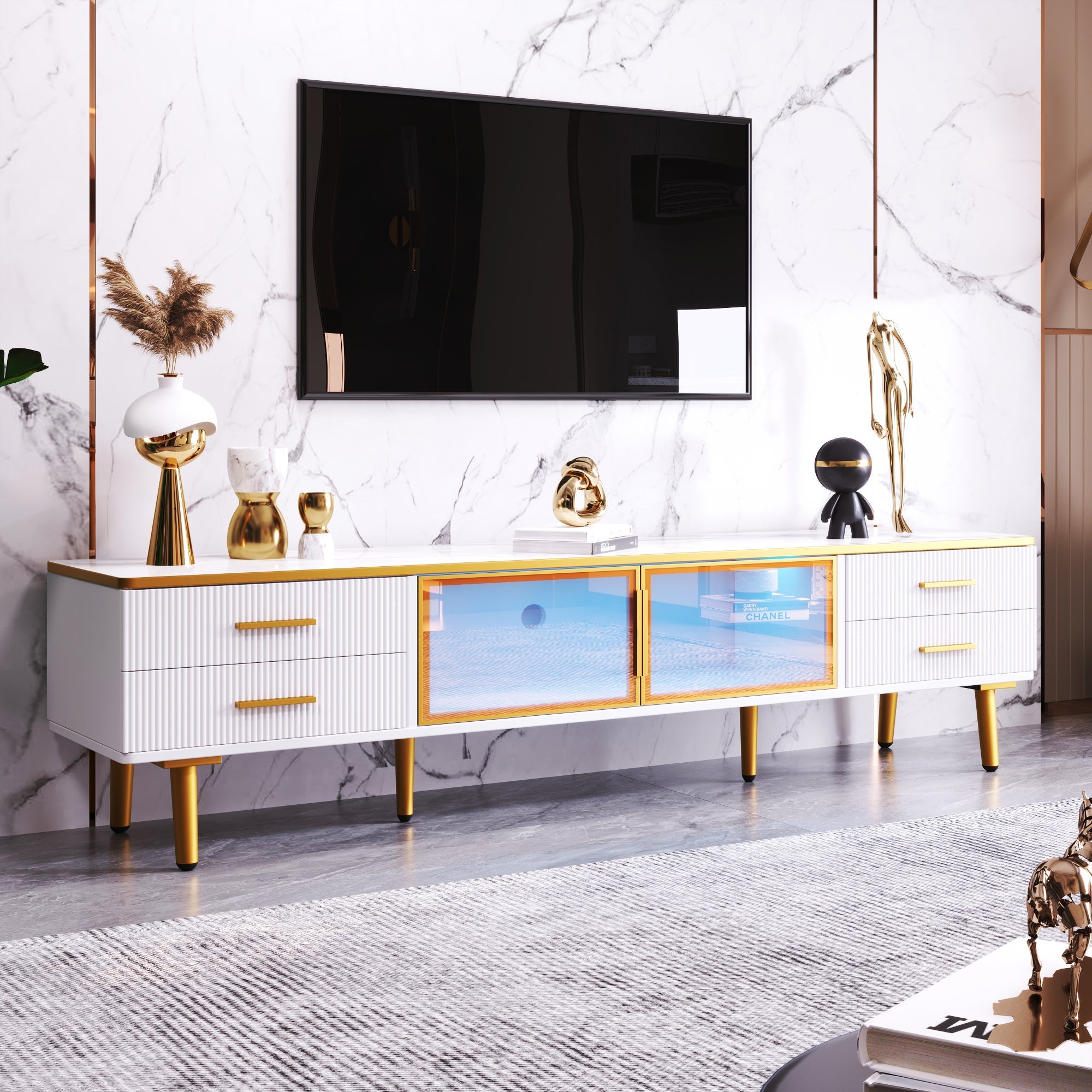 Coffee Table, TV Cabinet, Modular Living Room Furniture with Tempered Glass Door, Aluminum Alloy Frame, Wave Texture Drawers, Gold Handles and Legs, Marble Texture Tabletop