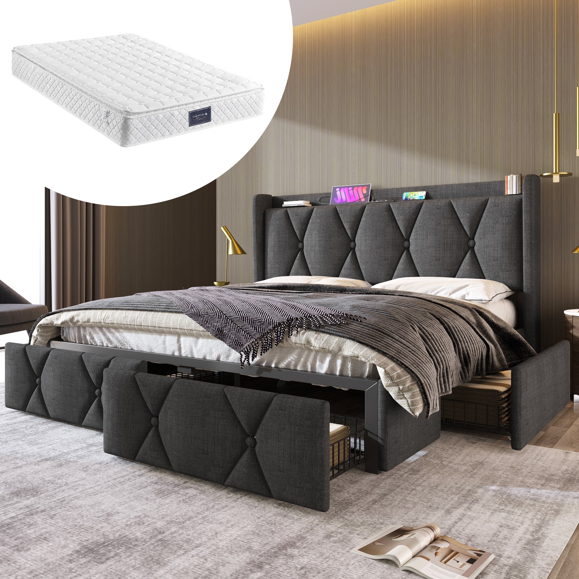 Upholstered Bed with USB Charging Headboard and 4 Drawers, 160x200cm, Grey Wood and Fabric