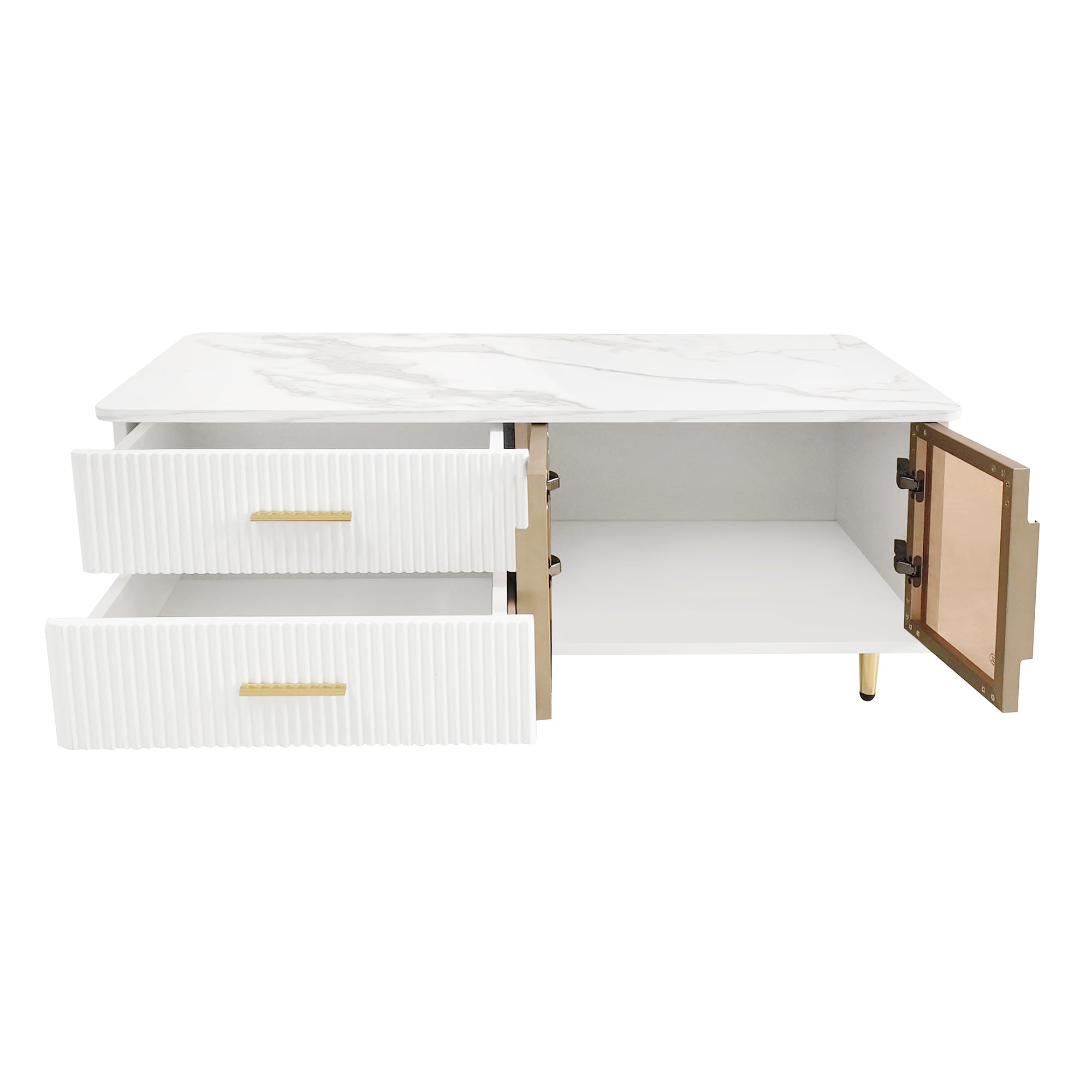 Coffee Table with Tempered Glass Door, Wave-Textured Drawers, Gold Handles, Marble Top