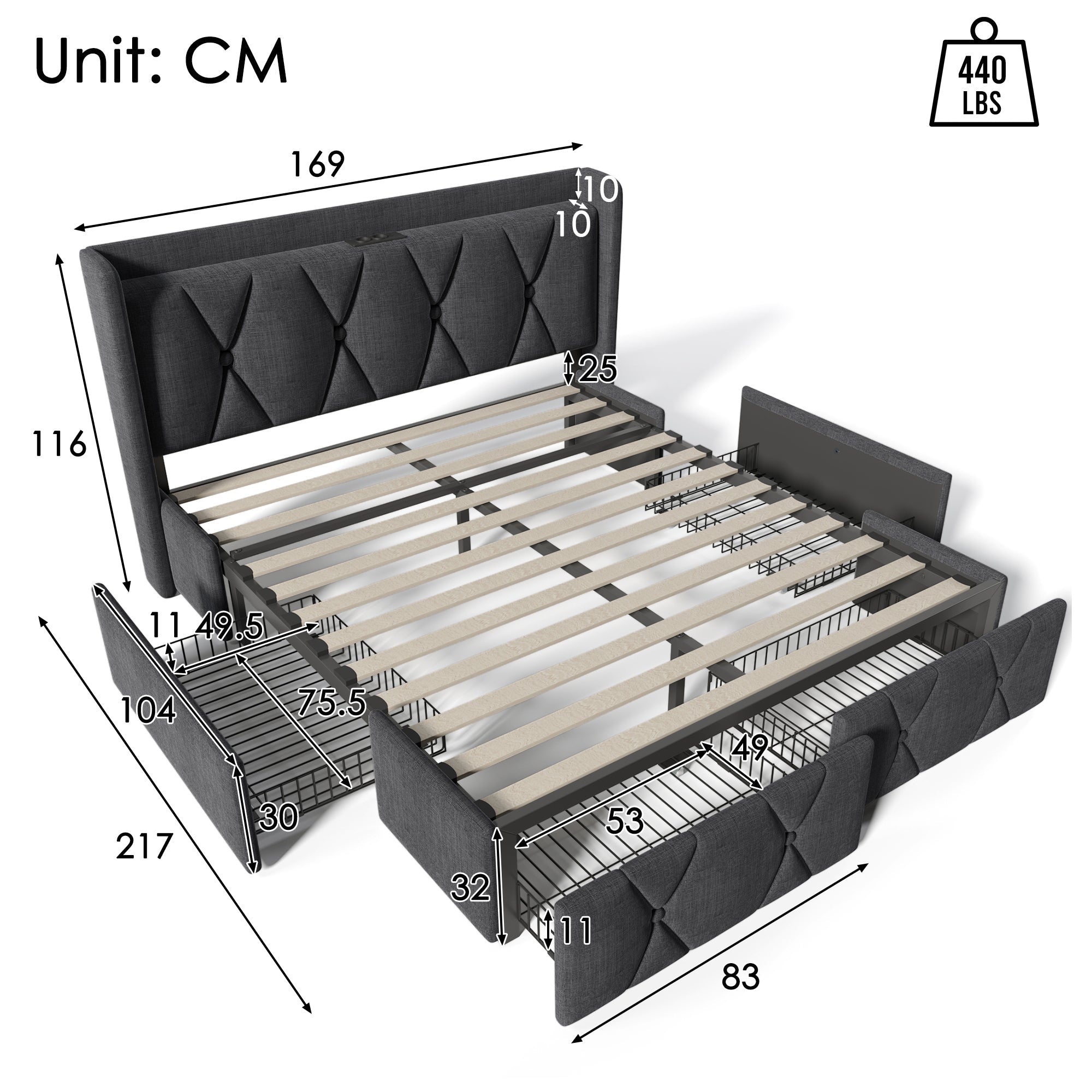 Upholstered Bed with USB Charging Headboard and 4 Drawers, 160x200cm, Grey Wood and Fabric