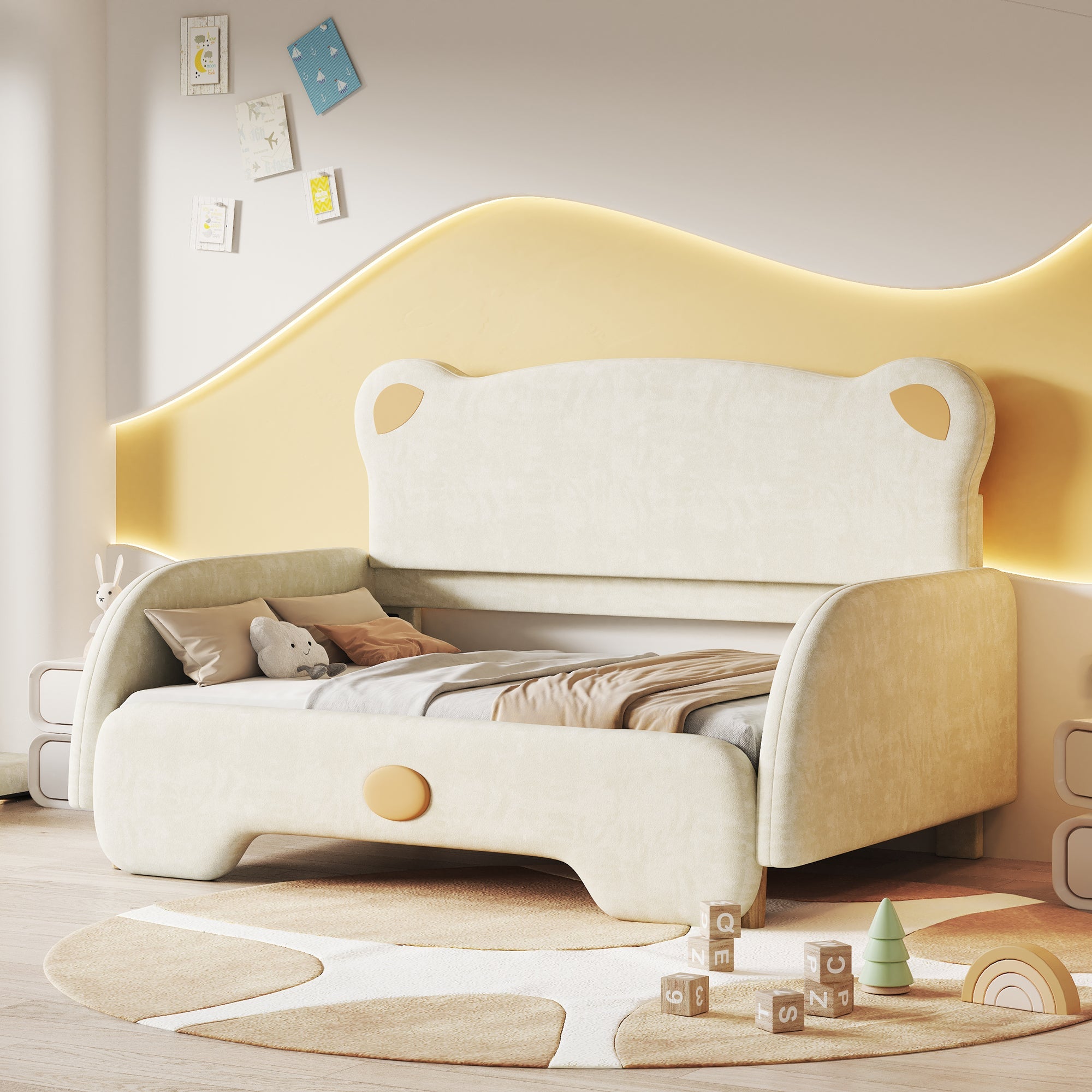 Bear-shaped Double Bed, Upholstered Children's Day Pull-out, Velvet Beige with White Sponge Mattress
