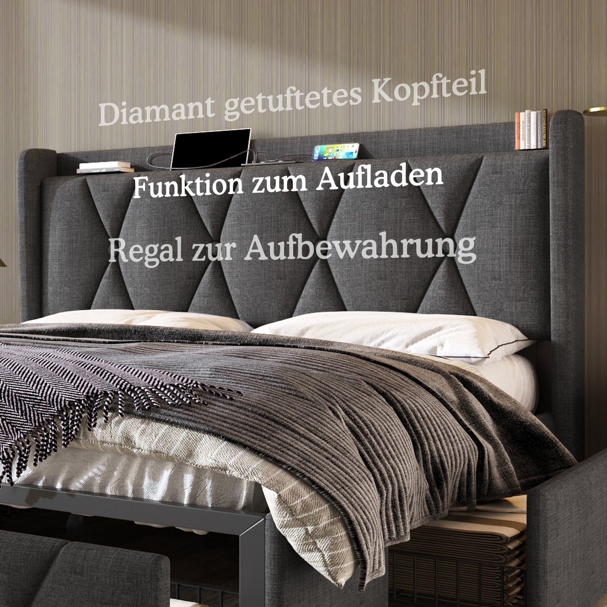 Upholstered Bed with USB Charging Headboard, 4 Drawers, 140x200cm, Gray