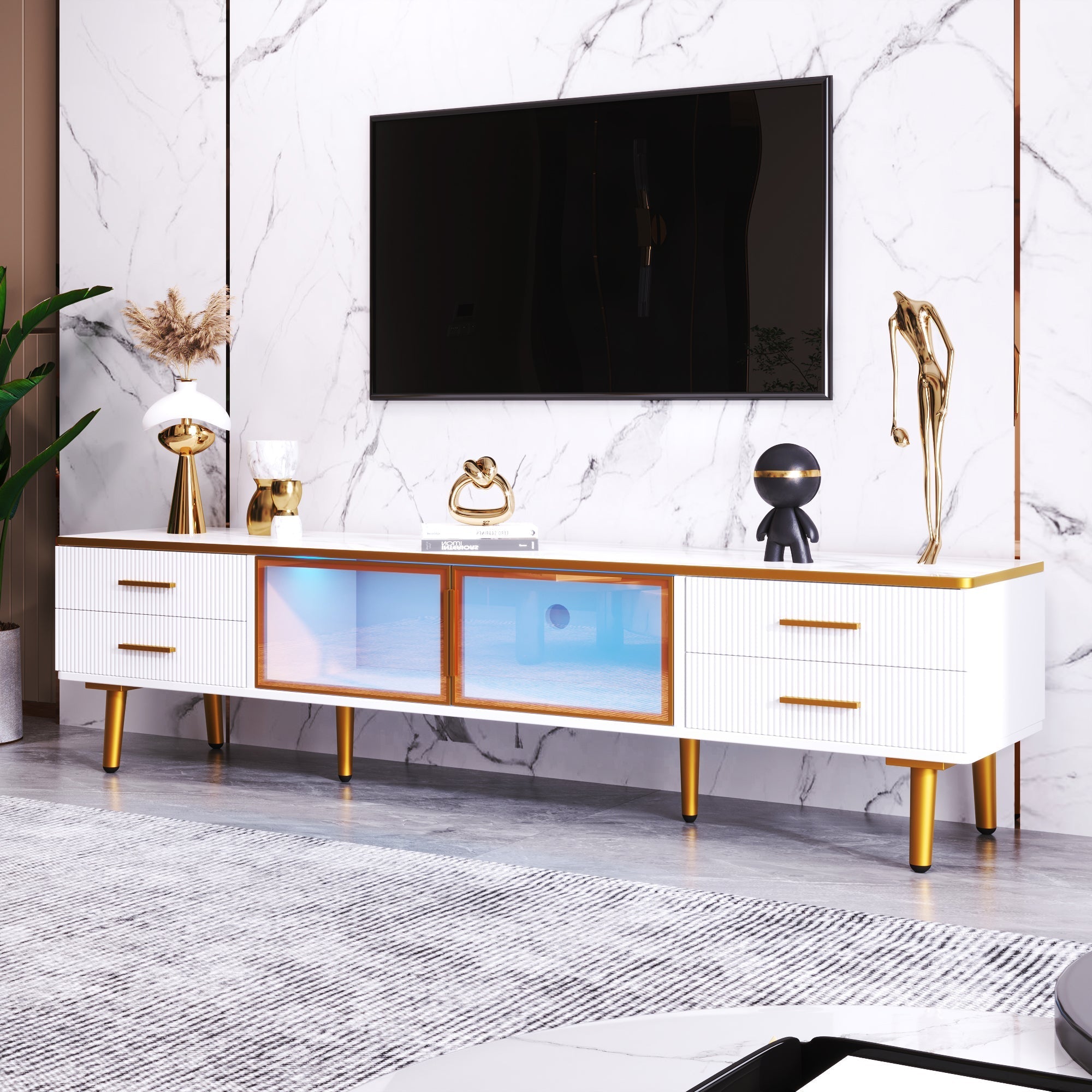 TV Cabinet, 4-Drawer, 2-Door Lowboard, Marble Look with Brown Tempered Glass