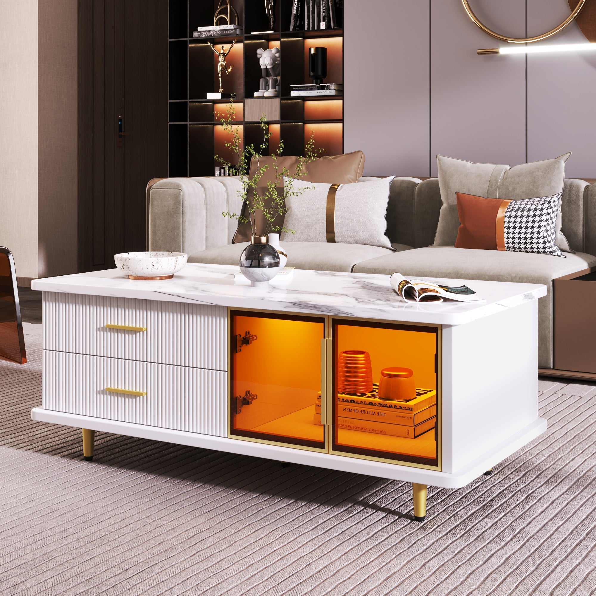 Coffee Table with Tempered Glass Door, Wave-Textured Drawers, Gold Handles, Marble Top