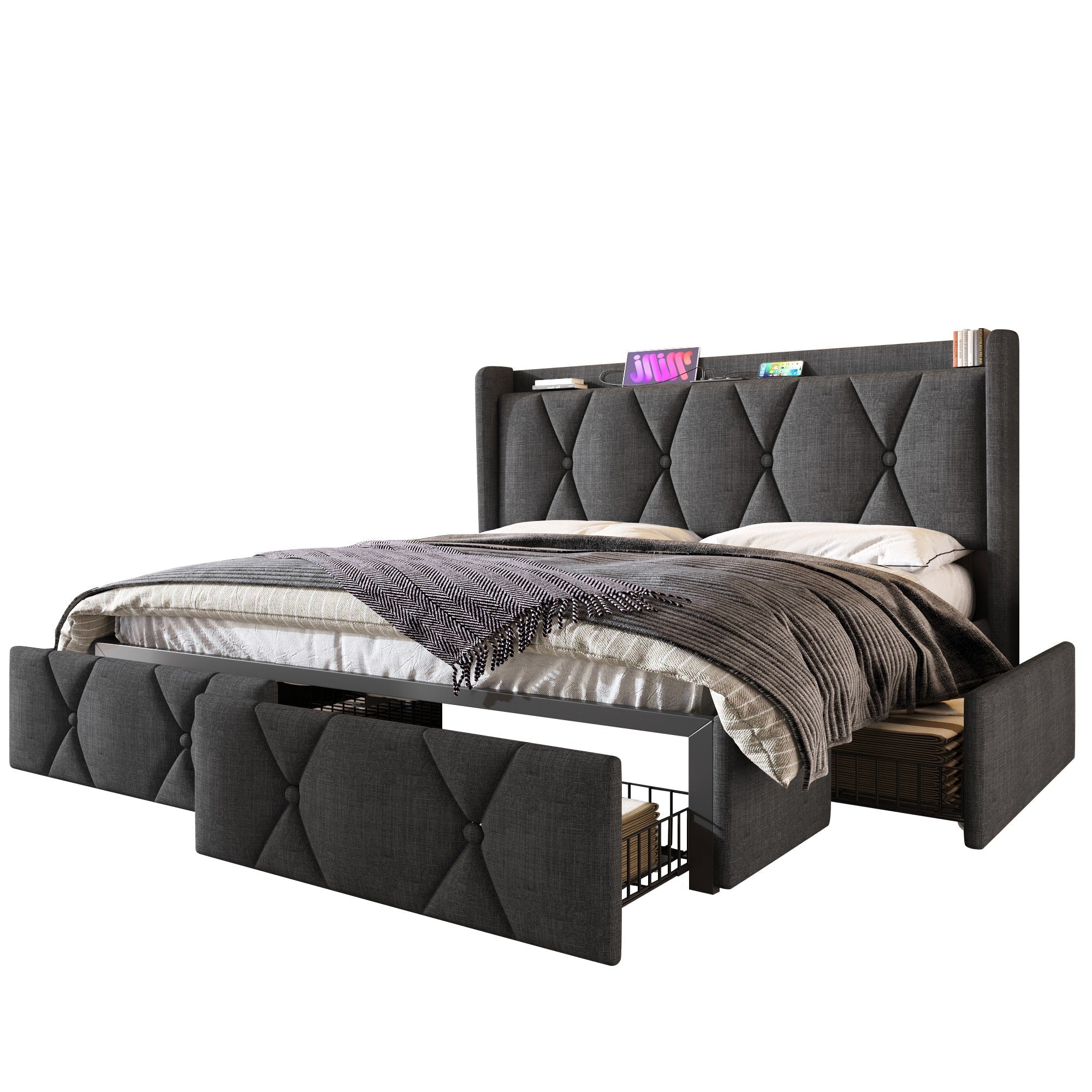 Upholstered Bed with USB Charging Headboard, 4 Drawers, 140x200cm, Gray