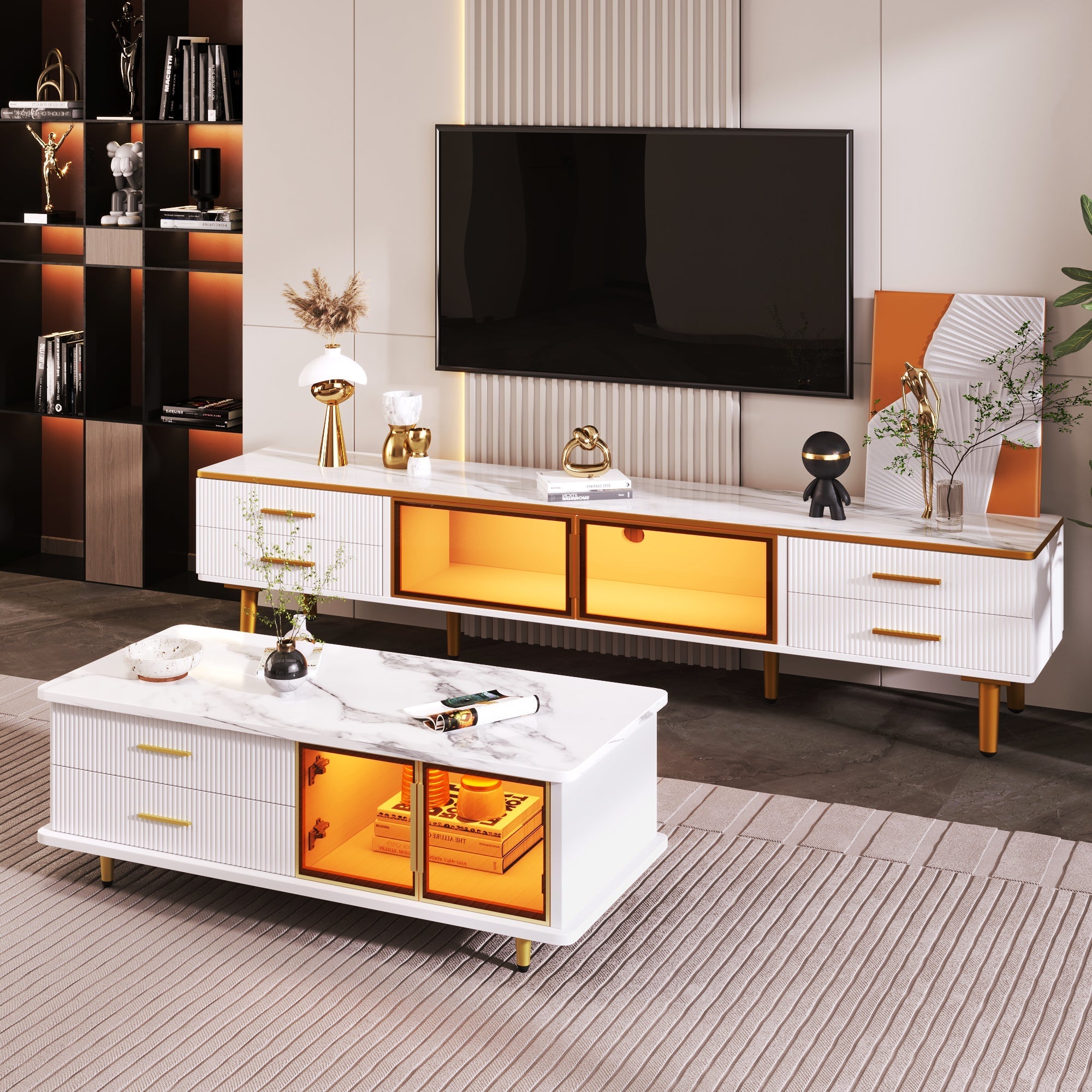 TV Cabinet, 4-Drawer, 2-Door Lowboard, Marble Look with Brown Tempered Glass