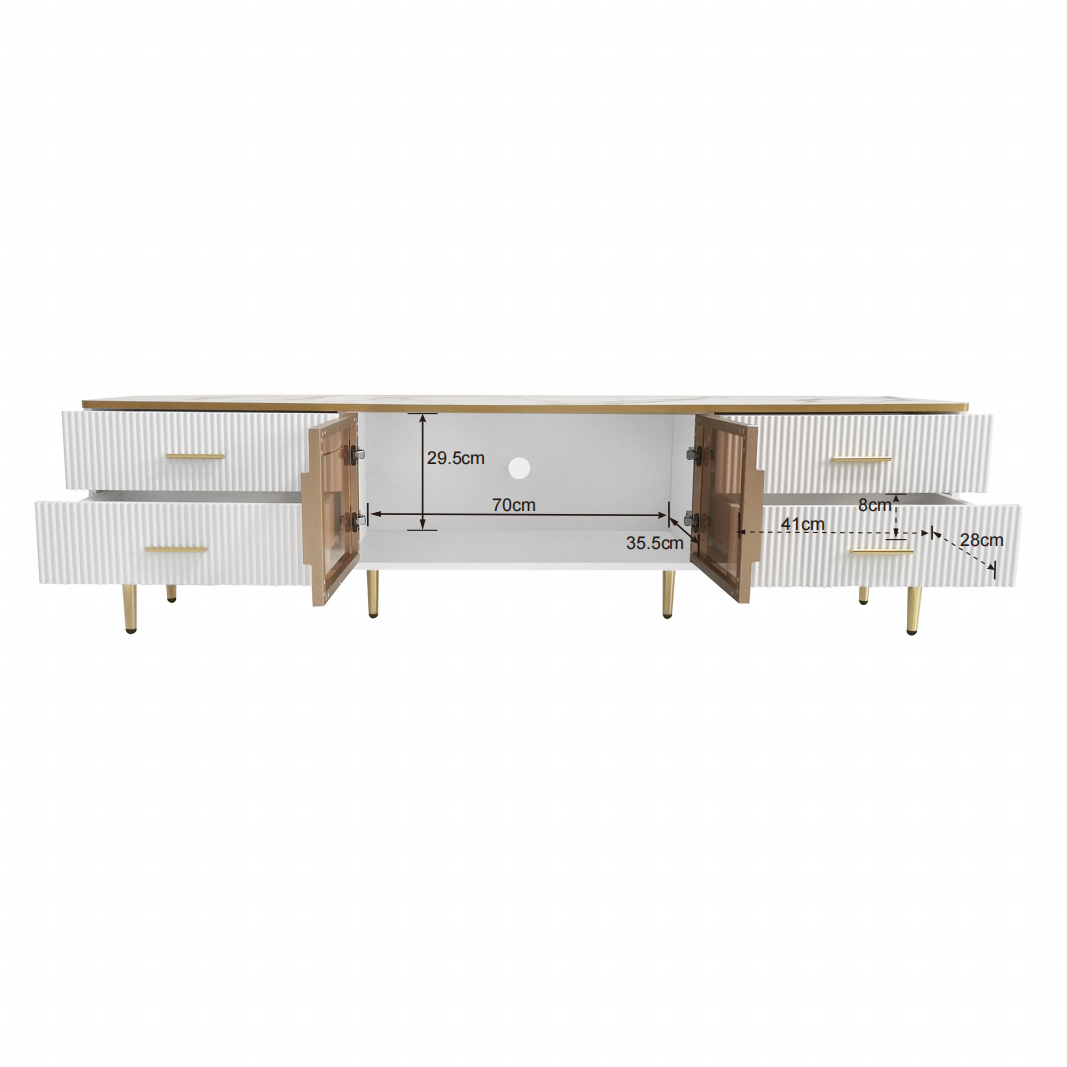TV Cabinet, 4-Drawer, 2-Door Lowboard, Marble Look with Brown Tempered Glass