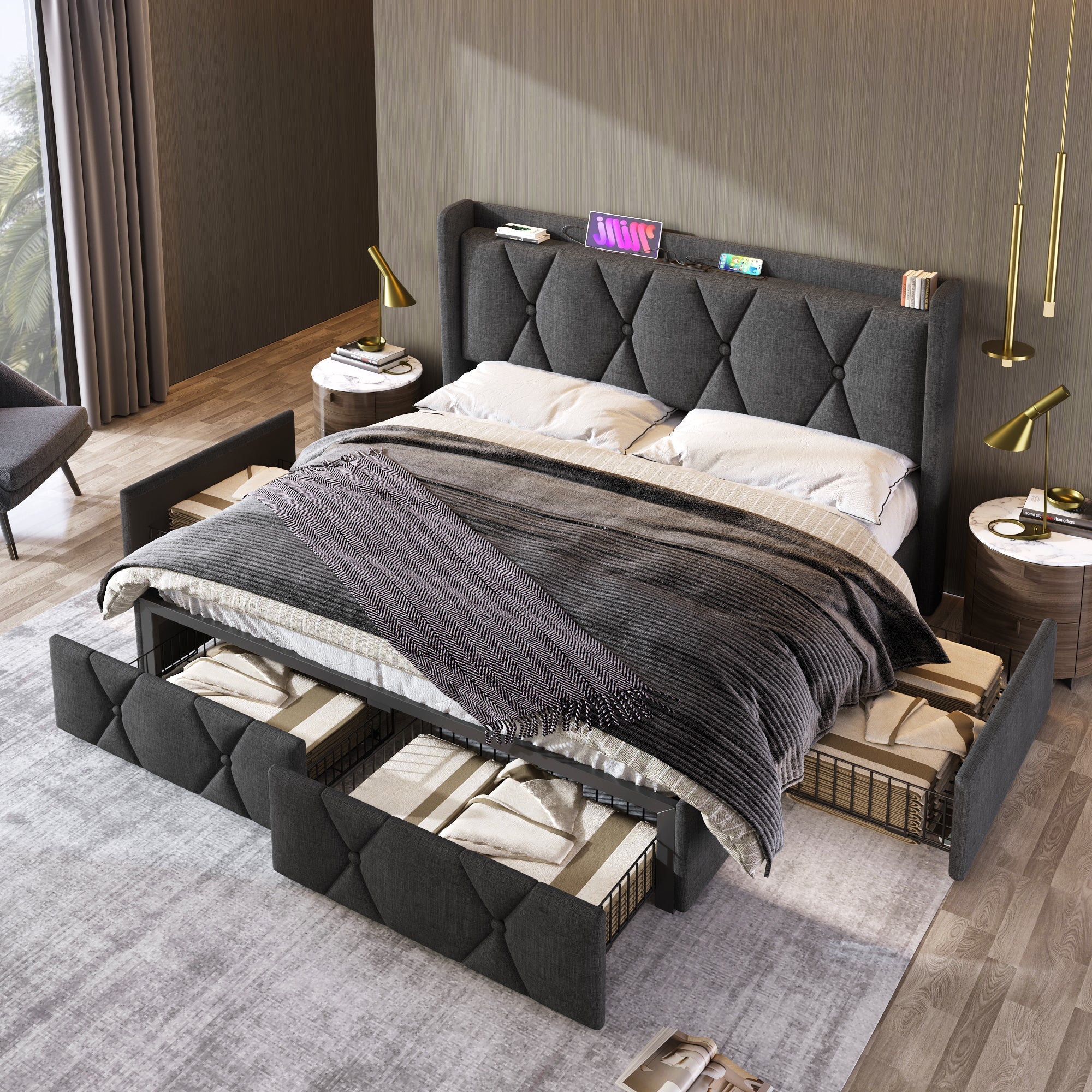Upholstered Bed with USB Charging Headboard and 4 Drawers, 160x200cm, Grey Wood and Fabric