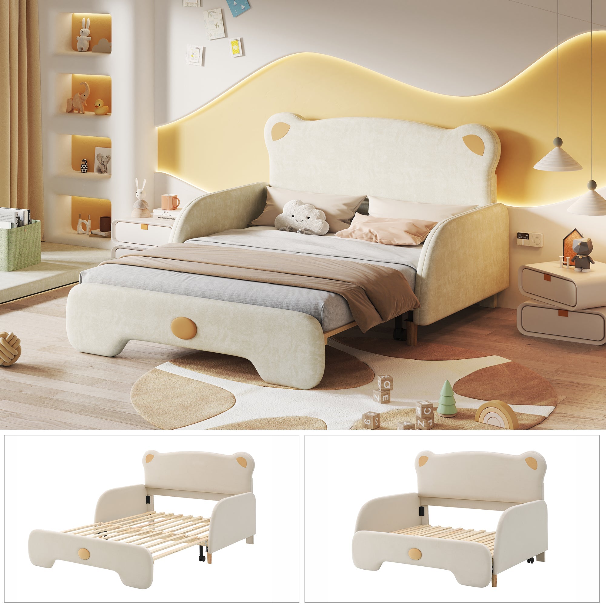 Bear-shaped Double Bed, Upholstered Children's Day Pull-out, Velvet Beige with White Sponge Mattress