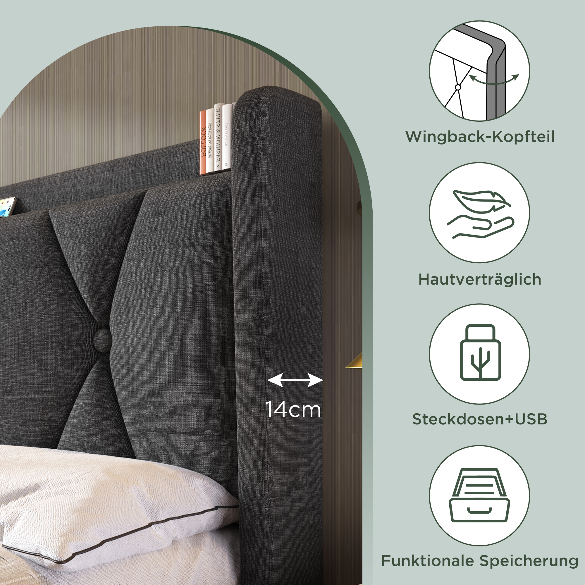 Upholstered Bed with USB Charging Headboard, 4 Drawers, 140x200cm, Gray