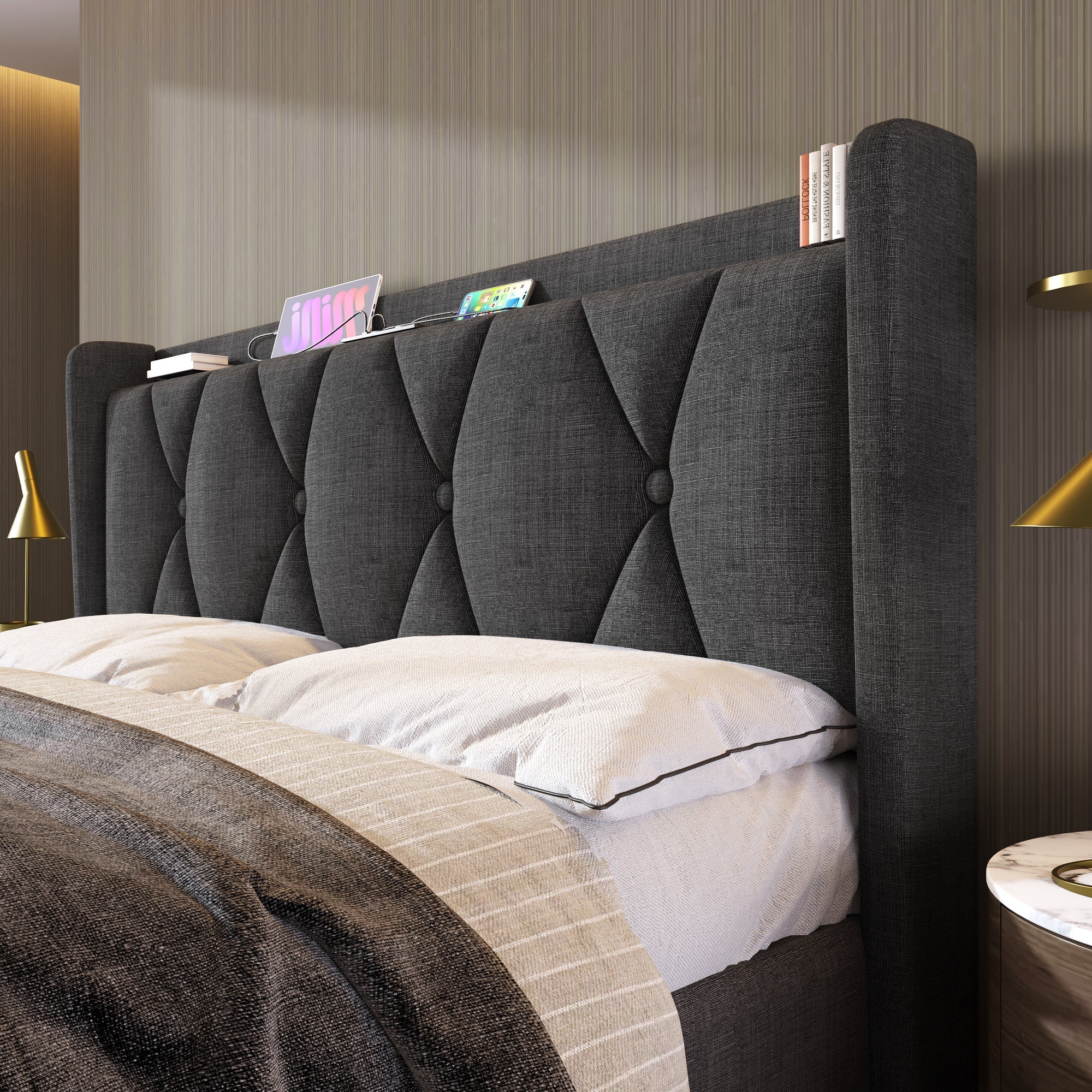AB20485152G Upholstered Bed with USB Charging, 4 Drawers and Slatted Base, 160x200cm, Grey Linen