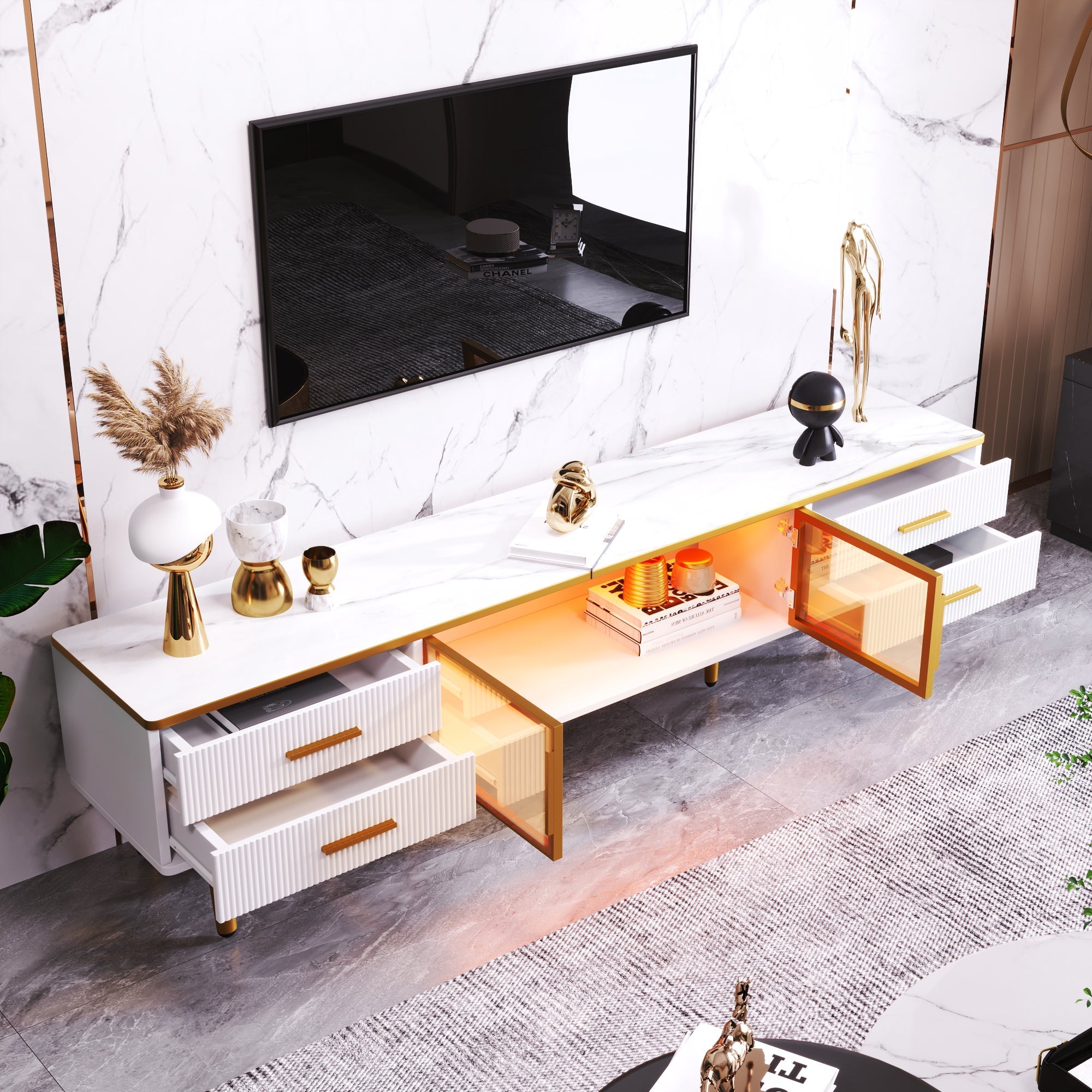 TV Cabinet, 4-Drawer, 2-Door Lowboard, Marble Look with Brown Tempered Glass