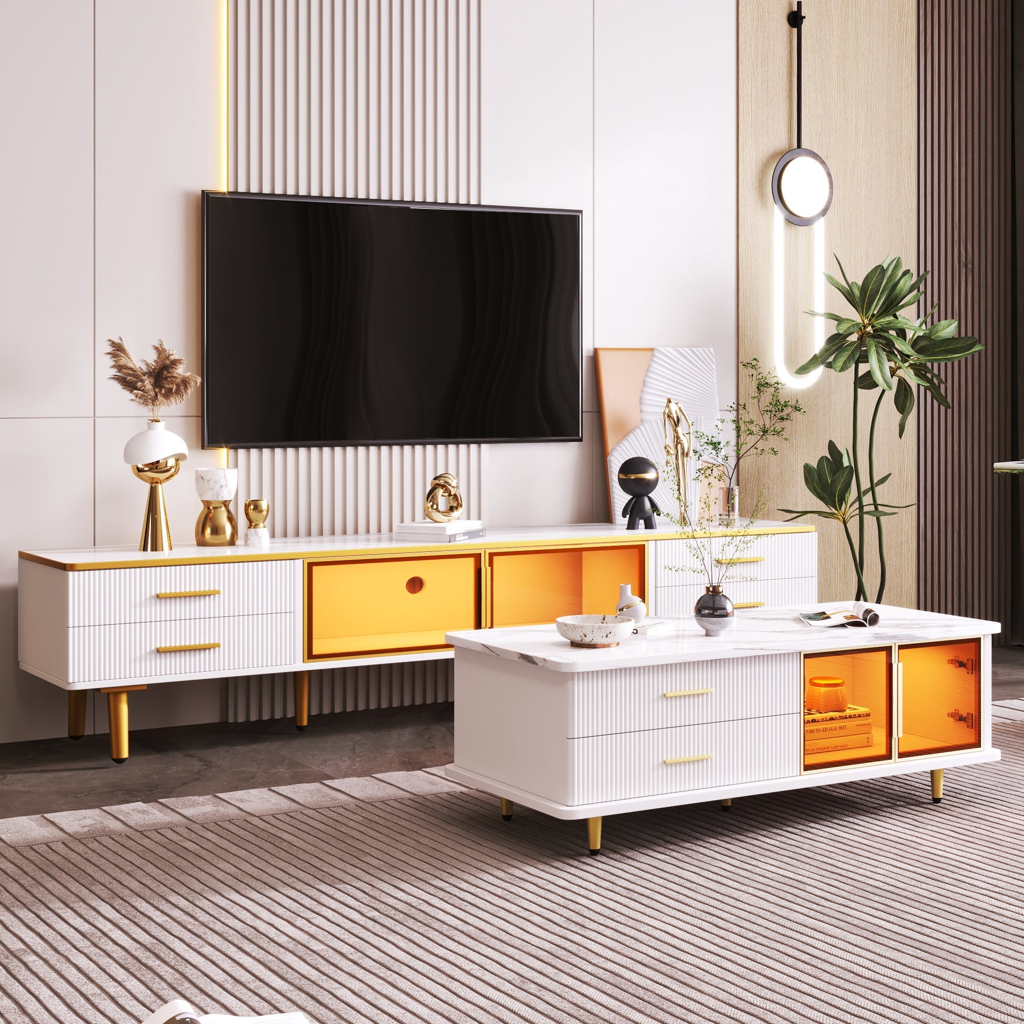 Coffee Table with Tempered Glass Door, Wave-Textured Drawers, Gold Handles, Marble Top