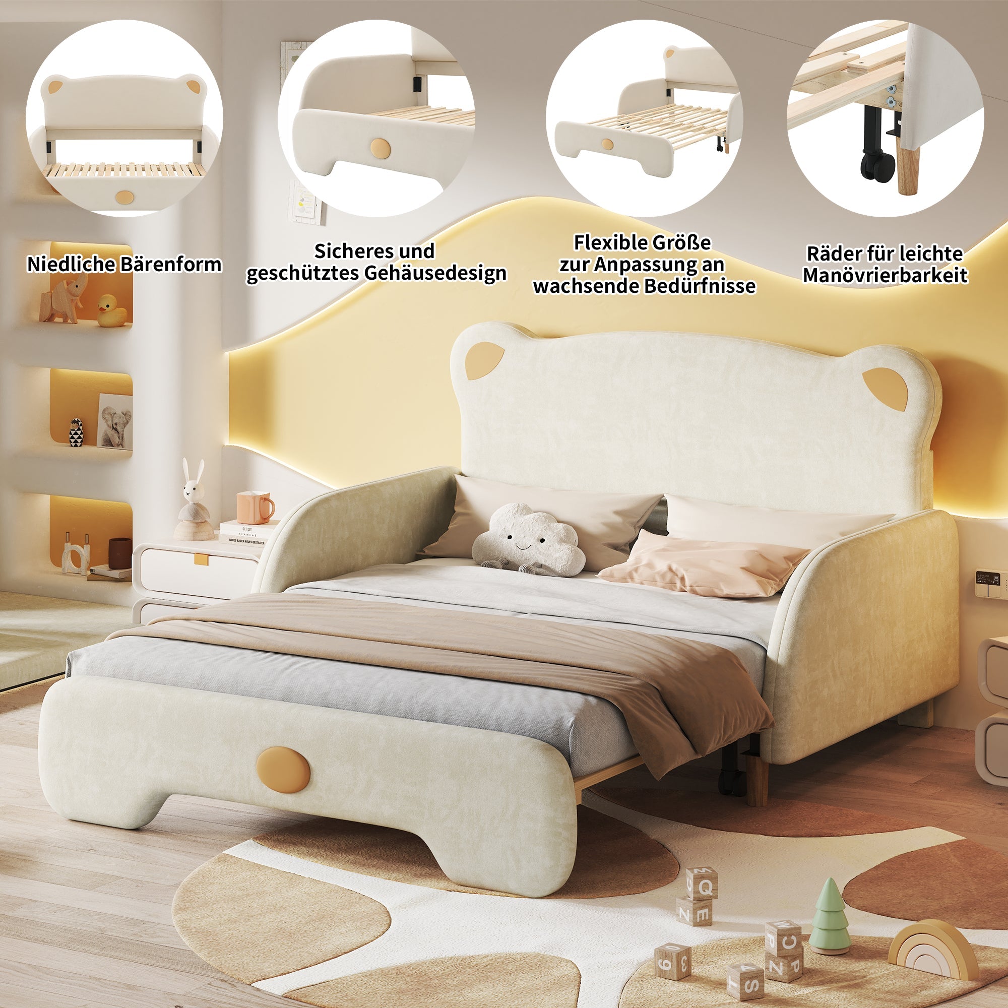 Bear-shaped Double Bed, Upholstered Children's Day Pull-out, Velvet Beige with White Sponge Mattress