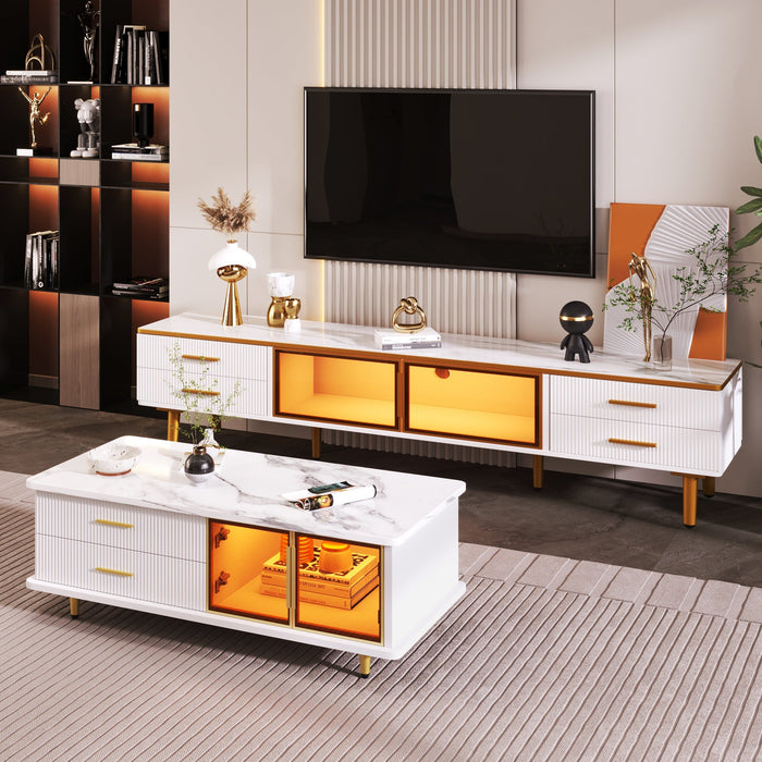Coffee Table, TV Cabinet, Modular Living Room Furniture with Tempered Glass Door, Aluminum Alloy Frame, Wave Texture Drawers, Gold Handles and Legs, Marble Texture Tabletop