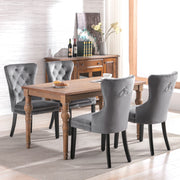 Velvet Dining Chairs Set of 4 with OAK Legs, Button, Chrome Knocker, Nailhead Trim, Grey